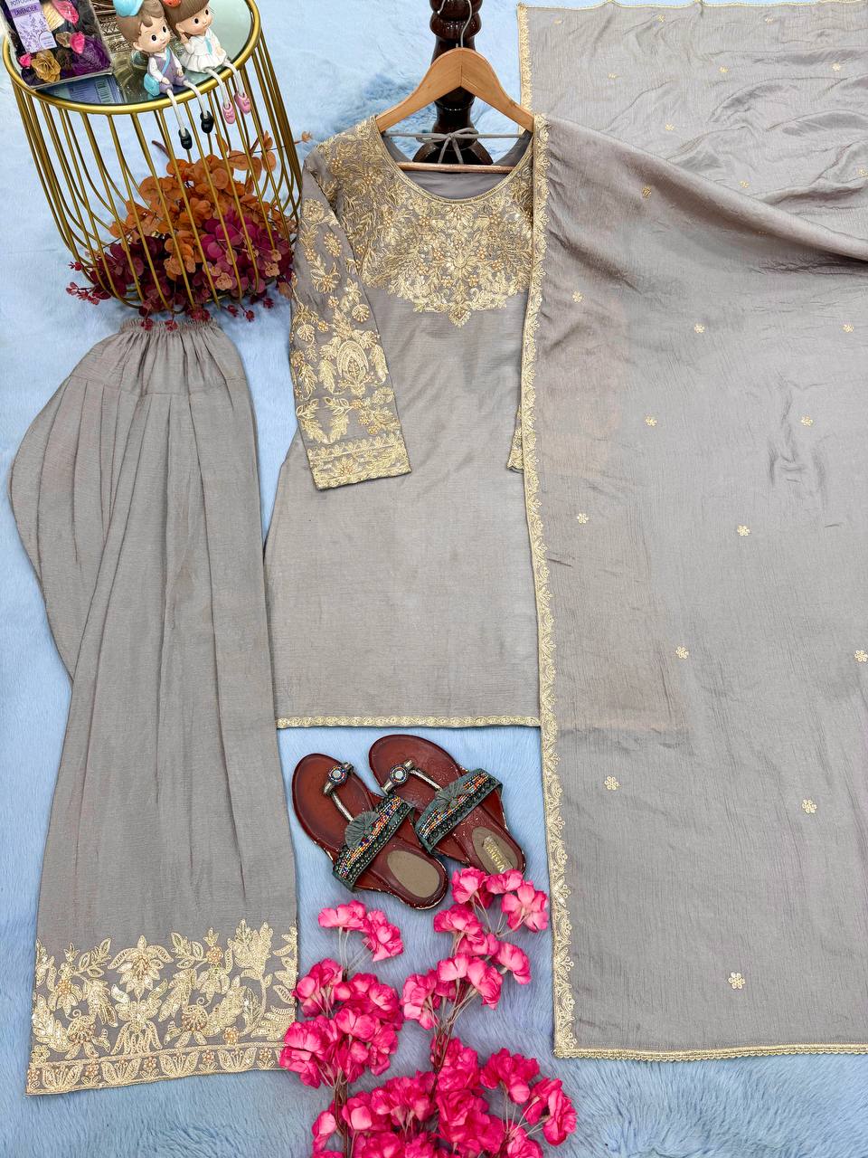 Women’s Grey Embroidered Kurta with Palazzo & Dupatta Set