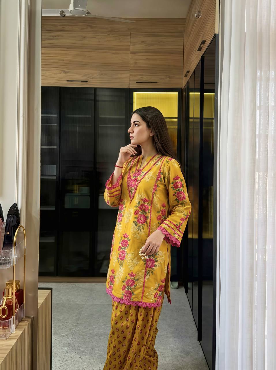 Women’s Yellow Floral Printed Kurta with Palazzo Set
