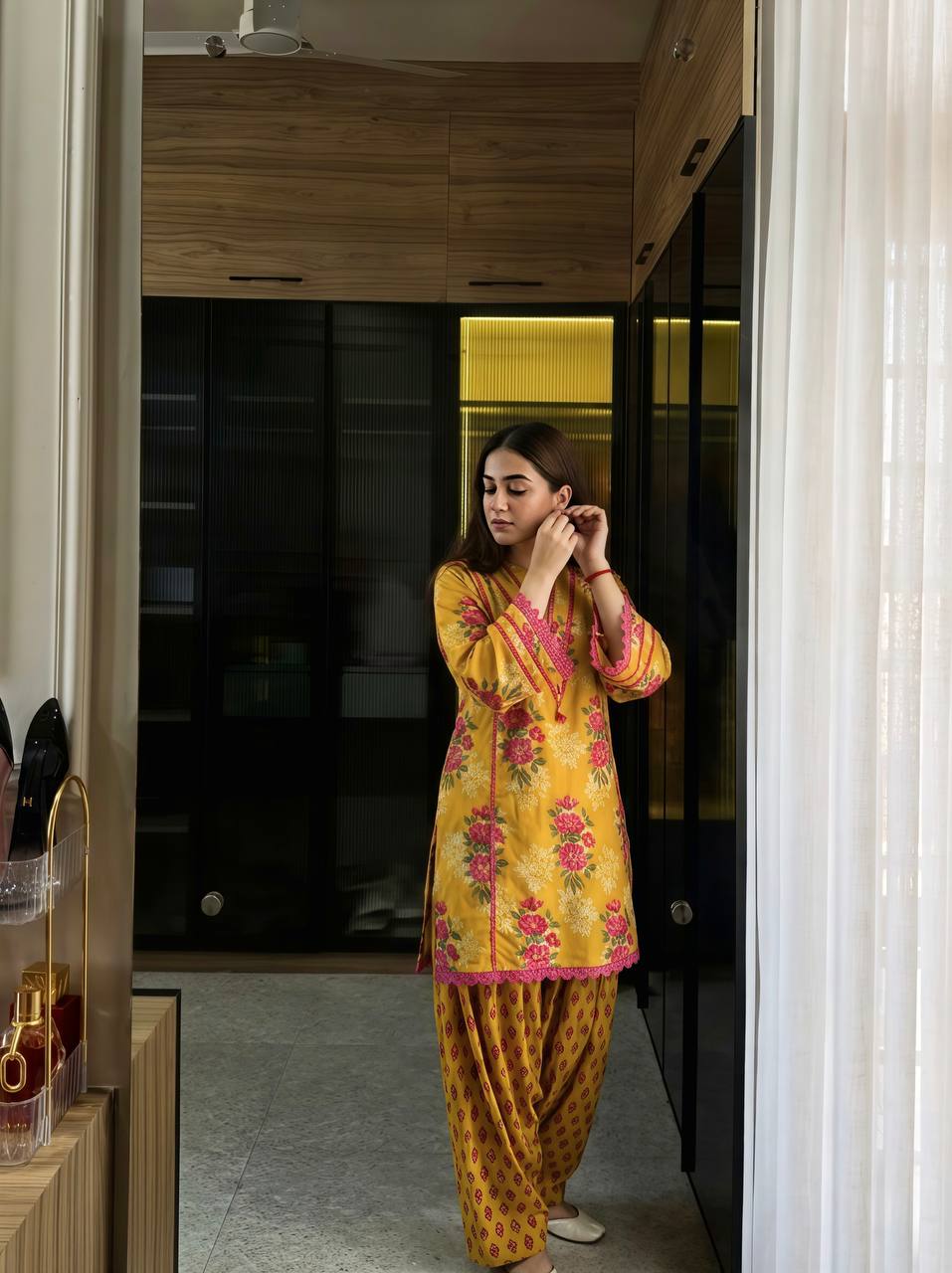 Women’s Yellow Floral Printed Kurta with Palazzo Set