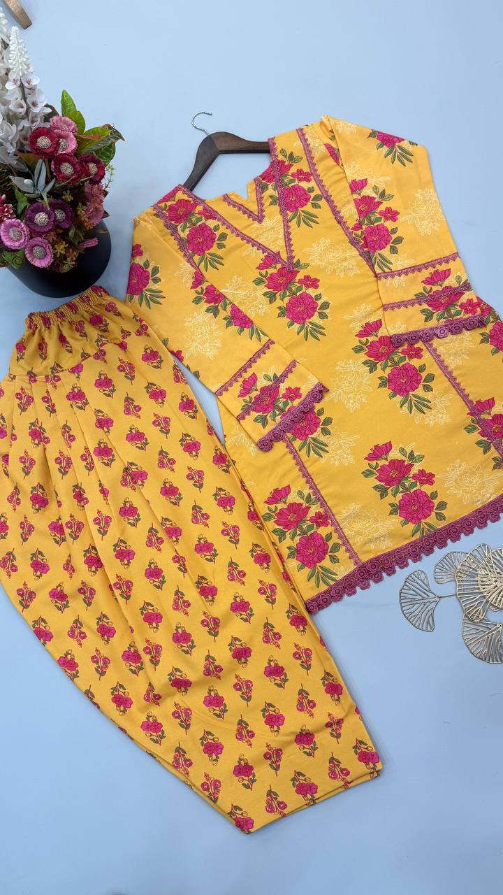 Women’s Yellow Floral Printed Kurta with Palazzo Set