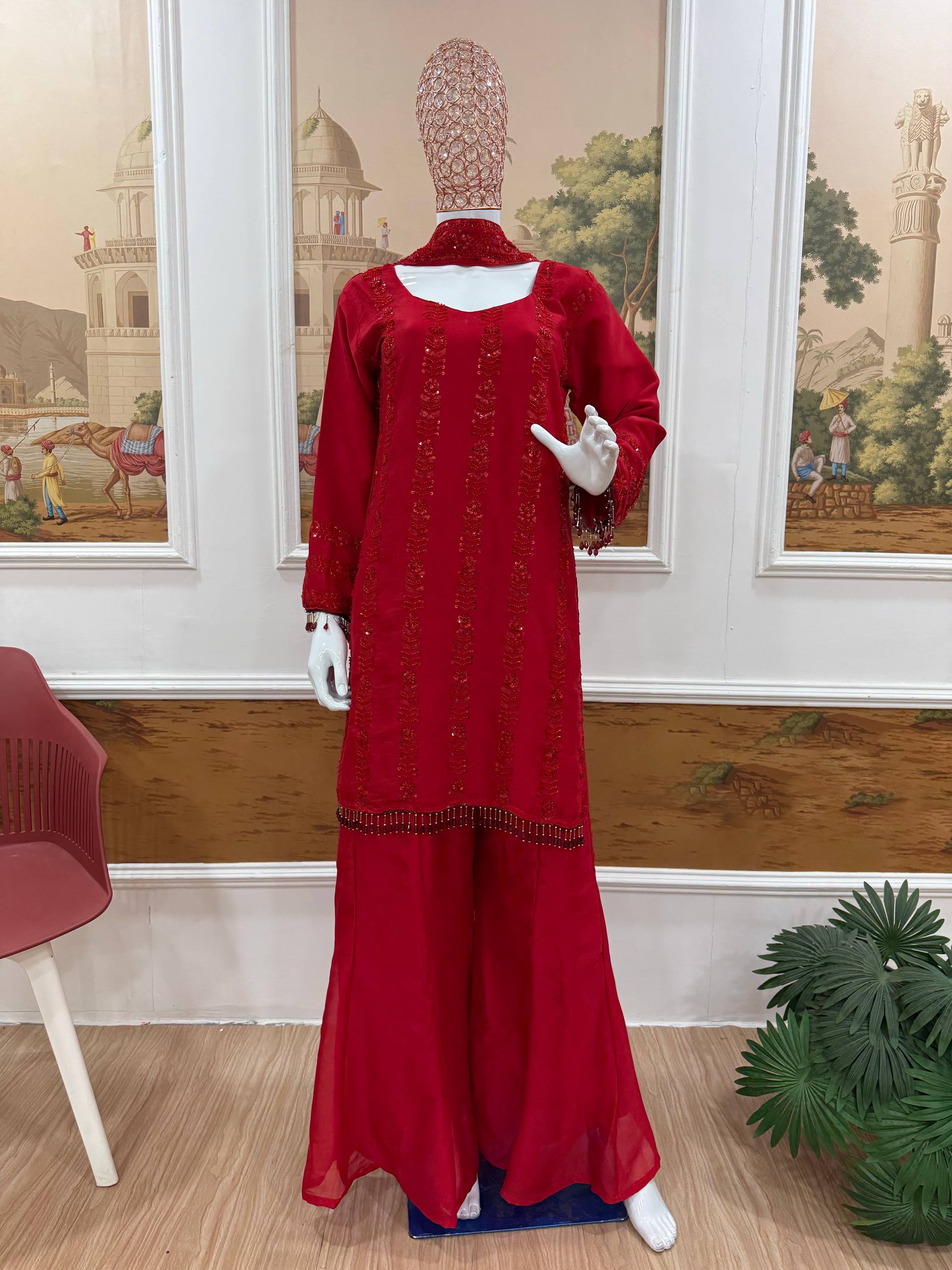 Vani - KD004 Cherry Ruby Kurti With Pant & Dupatta