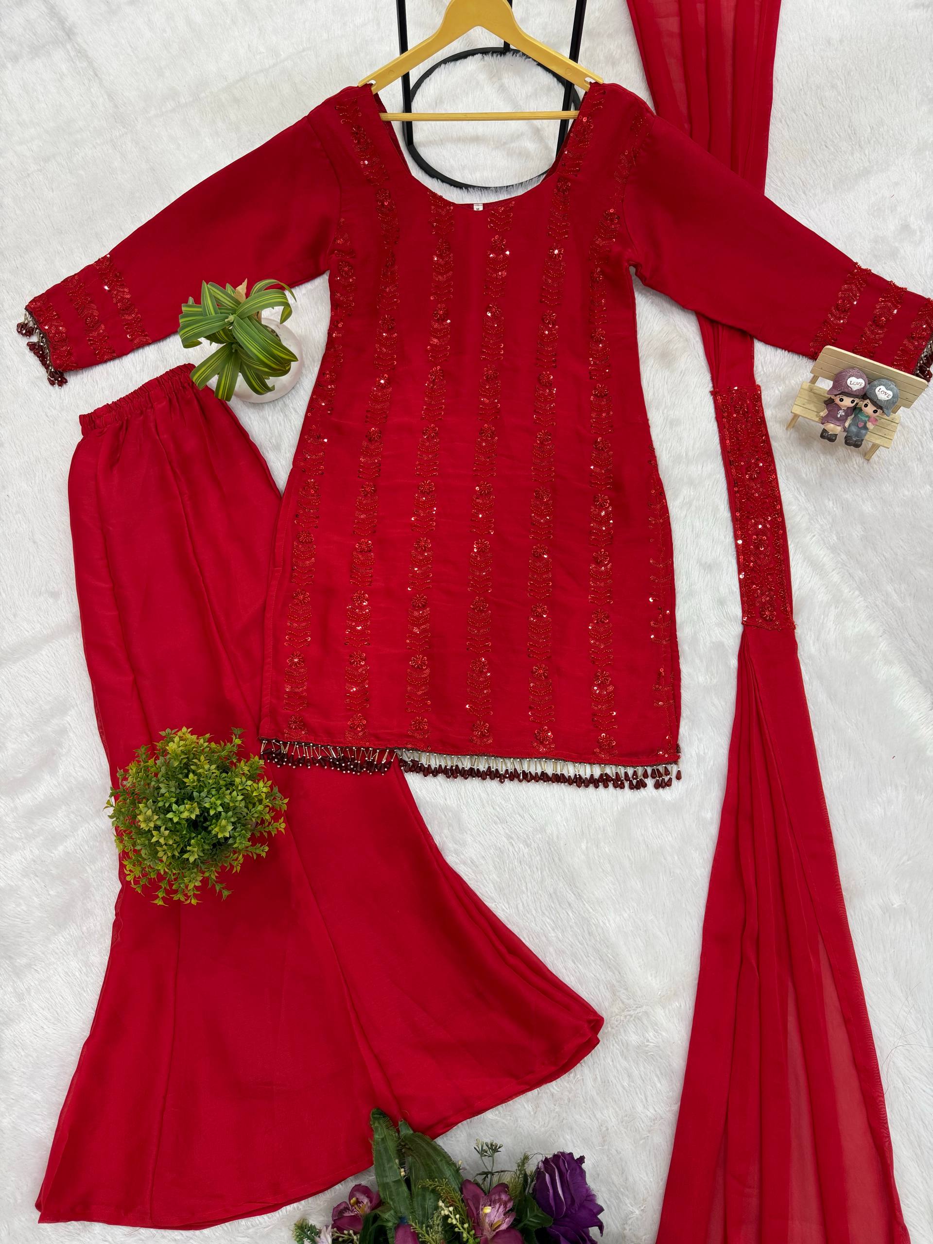 Vani - KD004 Cherry Ruby Kurti With Pant & Dupatta