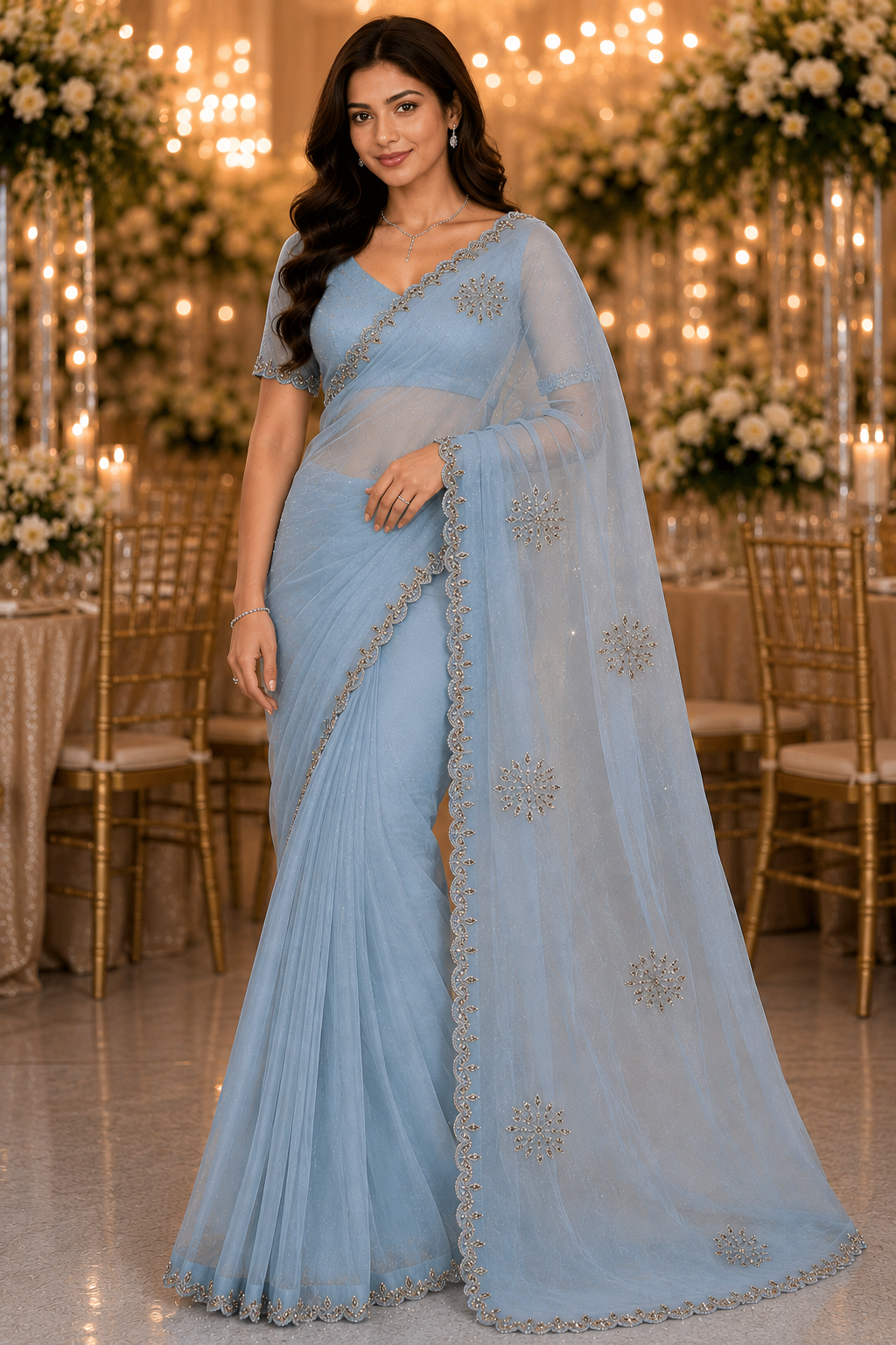 Frost Bloom Ice Blue Designer Soft Tissue Saree