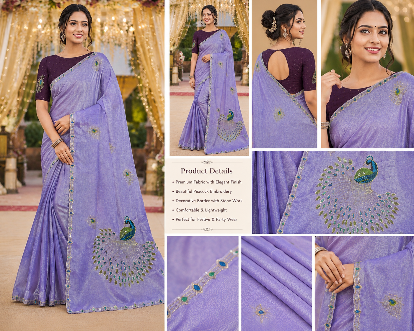 Lavender Peacock Work Elegance Saree