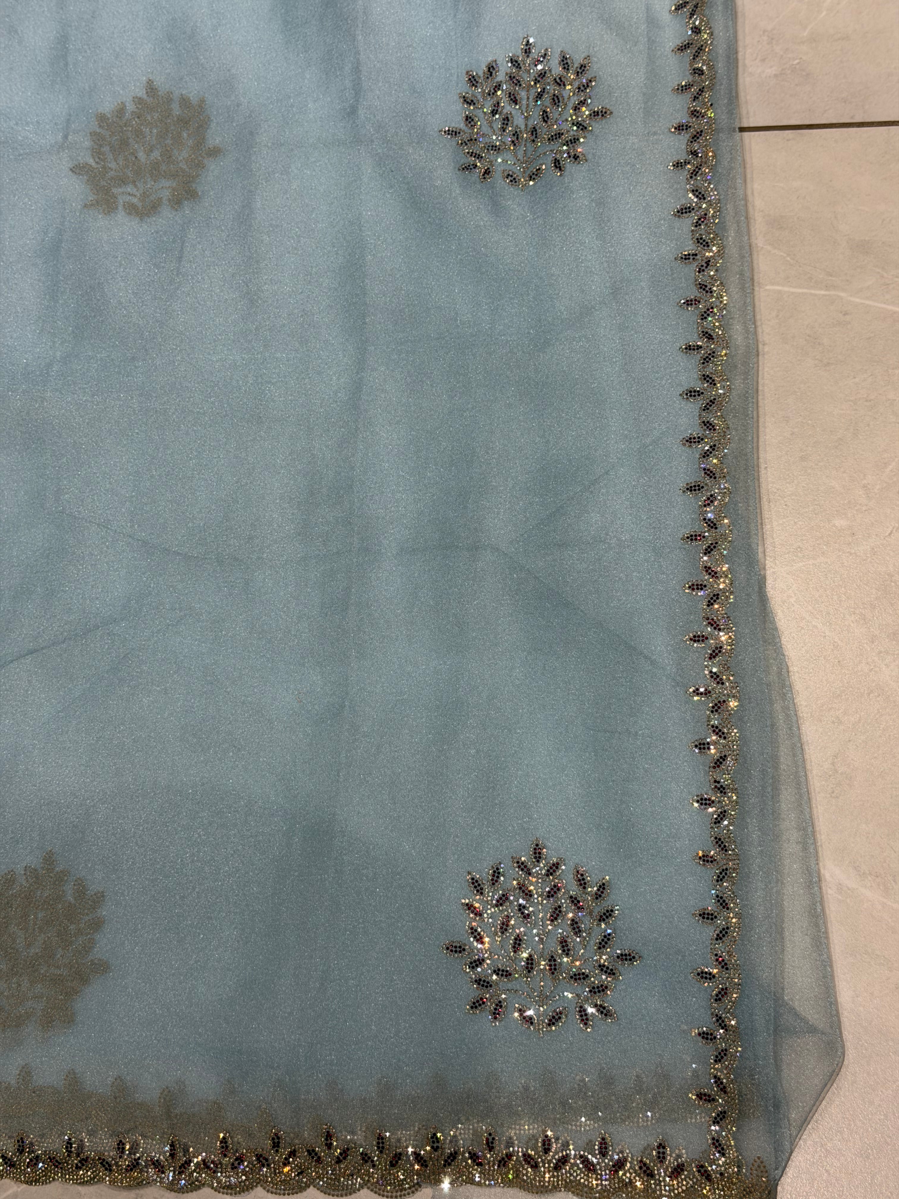 Frost Bloom Ice Blue Designer Soft Tissue Saree