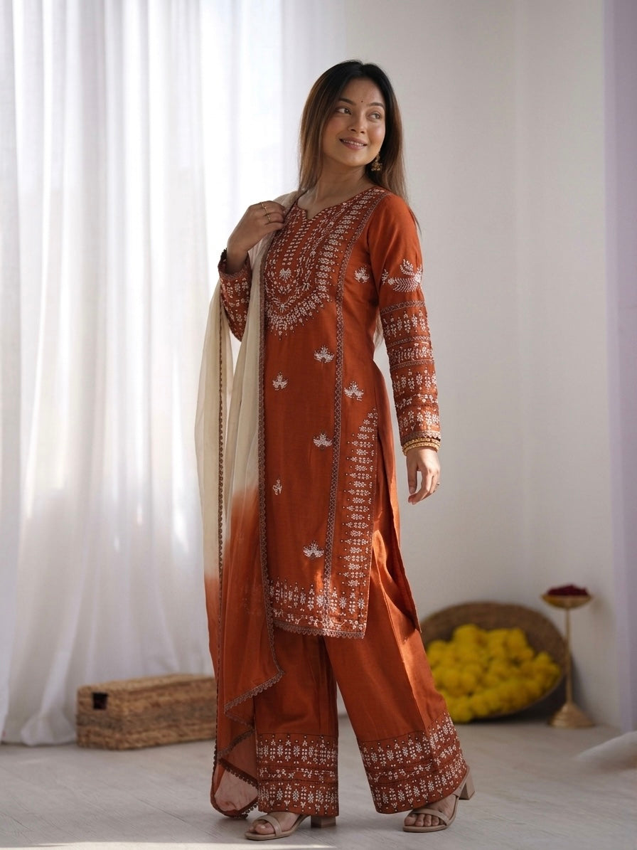 Aarika – KD004 Musterd Kurti with Pant & Rust Dupatta
