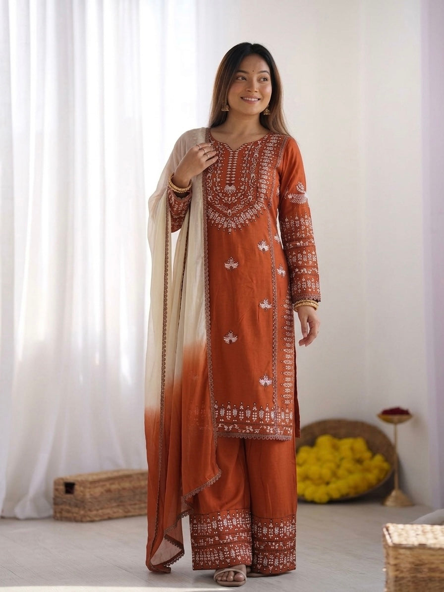 Aarika – KD004 Musterd Kurti with Pant & Rust Dupatta