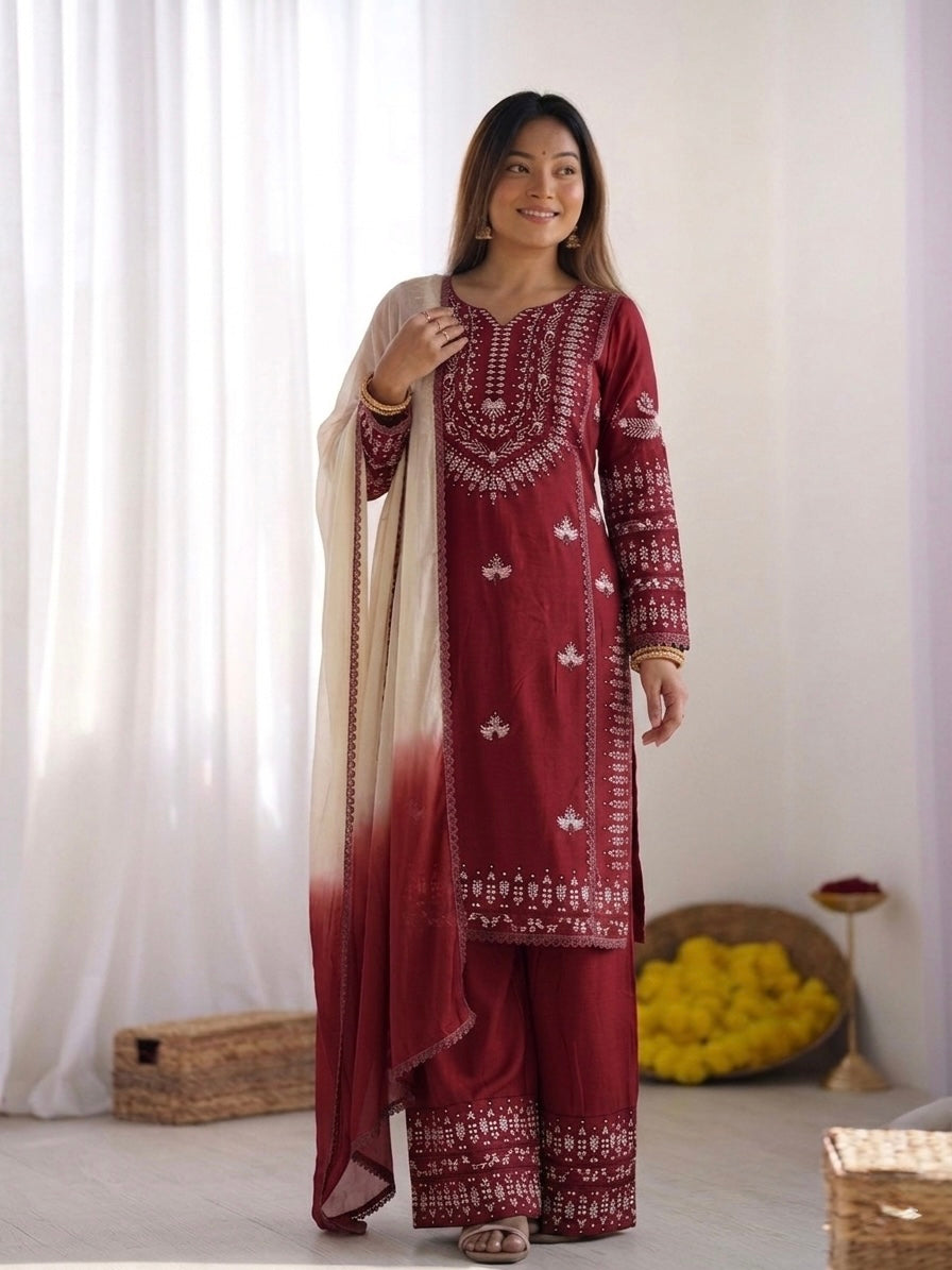 Aarika – KD002 Rani Wine Kurti with Pant & Rust Dupatta