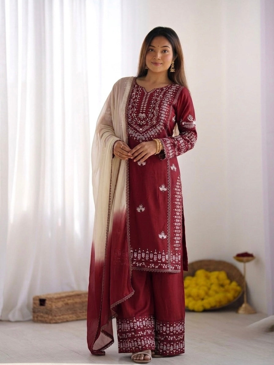 Aarika – KD002 Rani Wine Kurti with Pant & Rust Dupatta