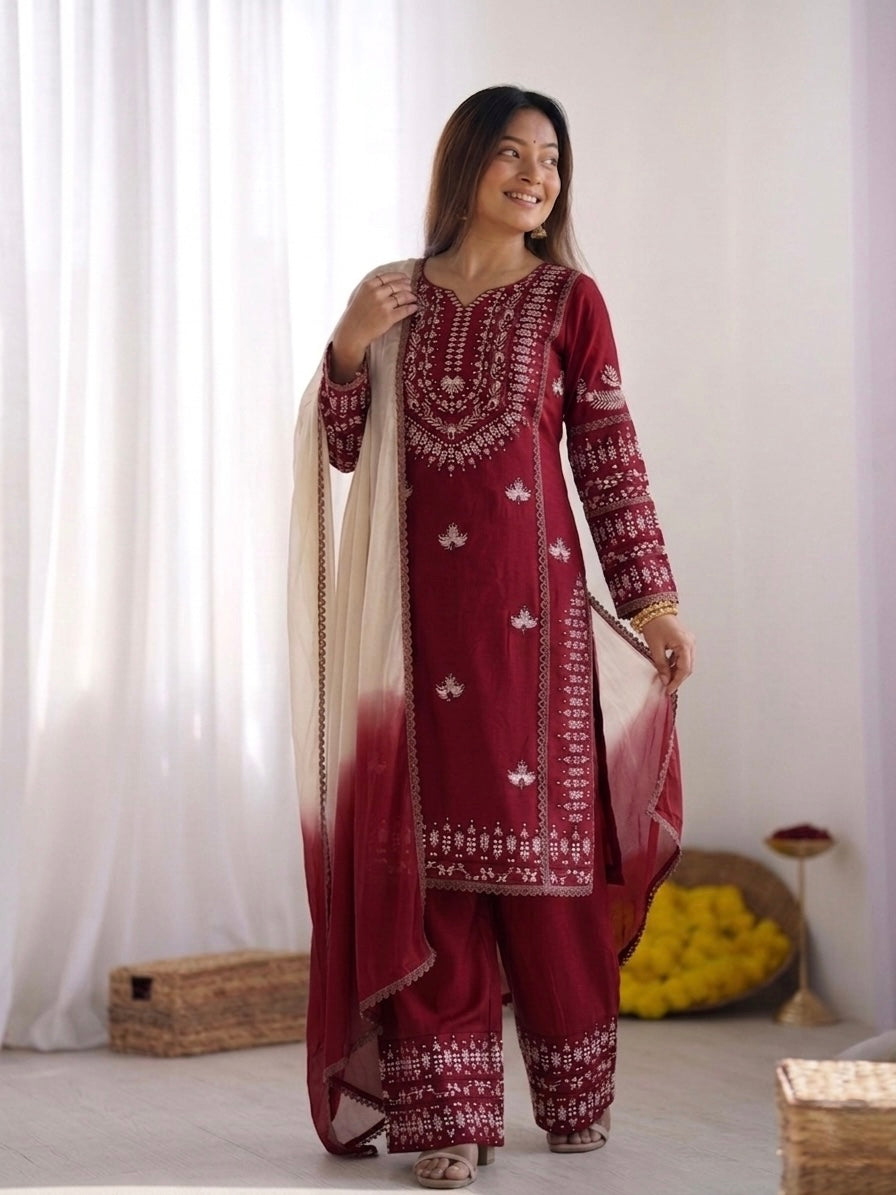 Aarika – KD002 Rani Wine Kurti with Pant & Rust Dupatta