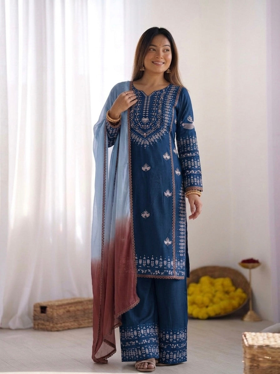 Aarika – KD003 Royal Blue Kurti with Pant & Rust Dupatta