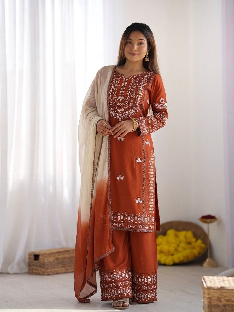Aarika – KD004 Musterd Kurti with Pant & Rust Dupatta