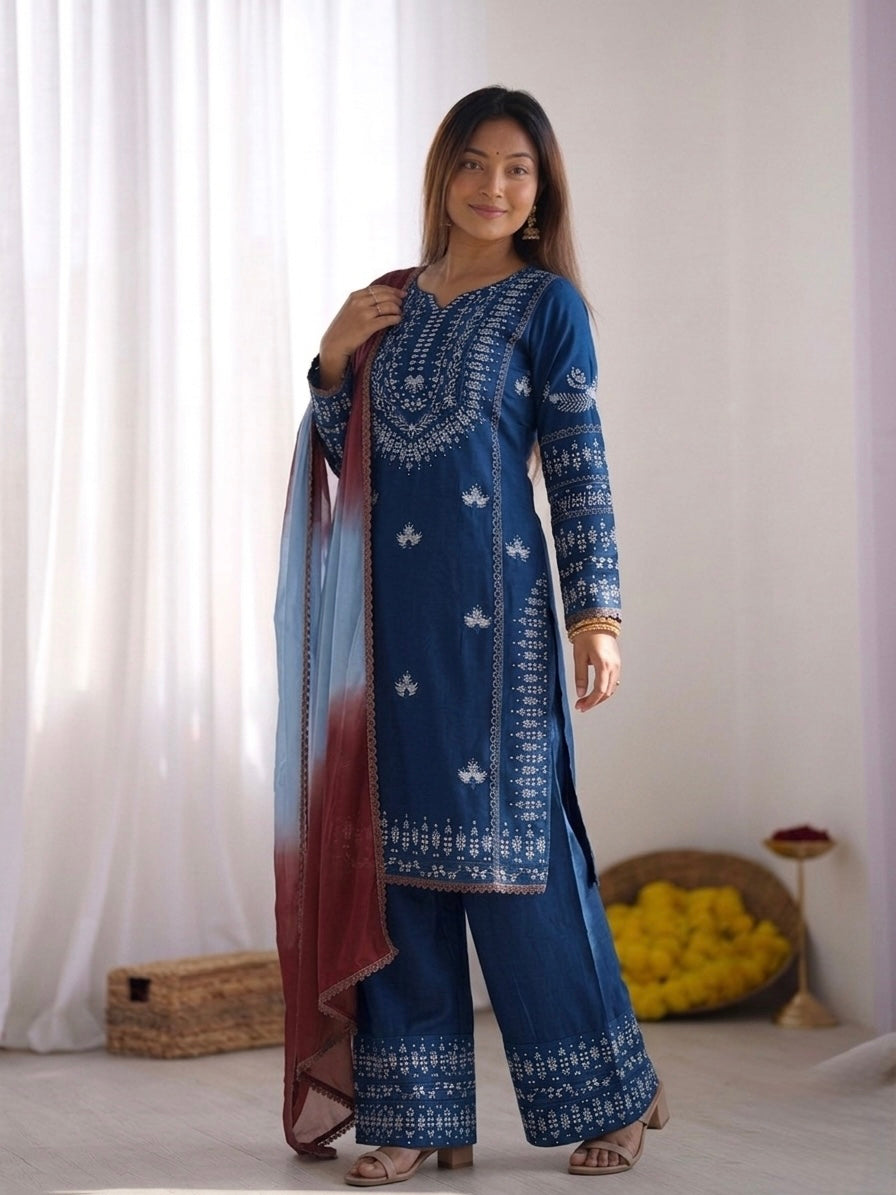 Aarika – KD003 Royal Blue Kurti with Pant & Rust Dupatta