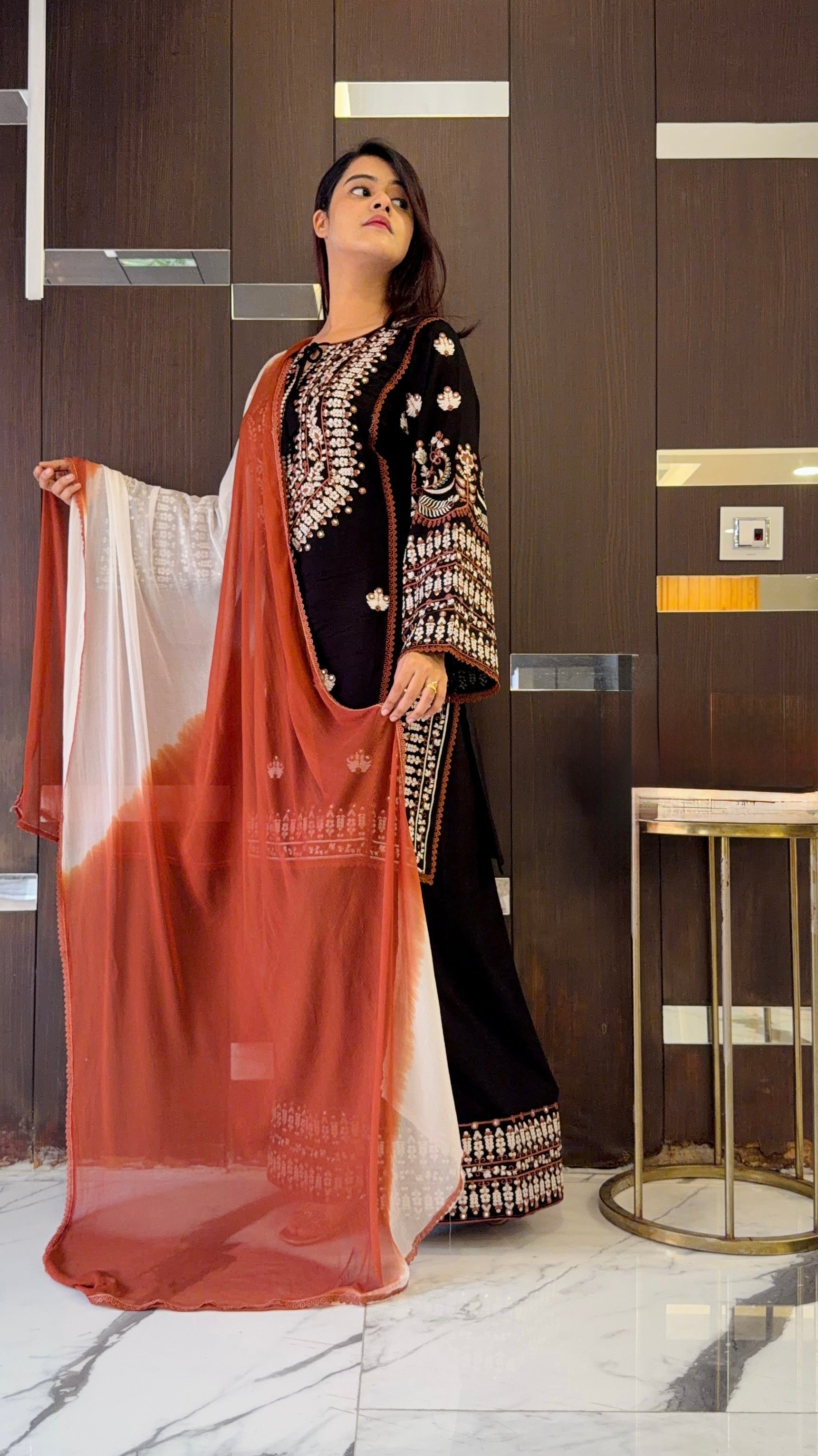 Aarika – KD001 Midnight Noir Kurti with Pant & Rust Dupatta