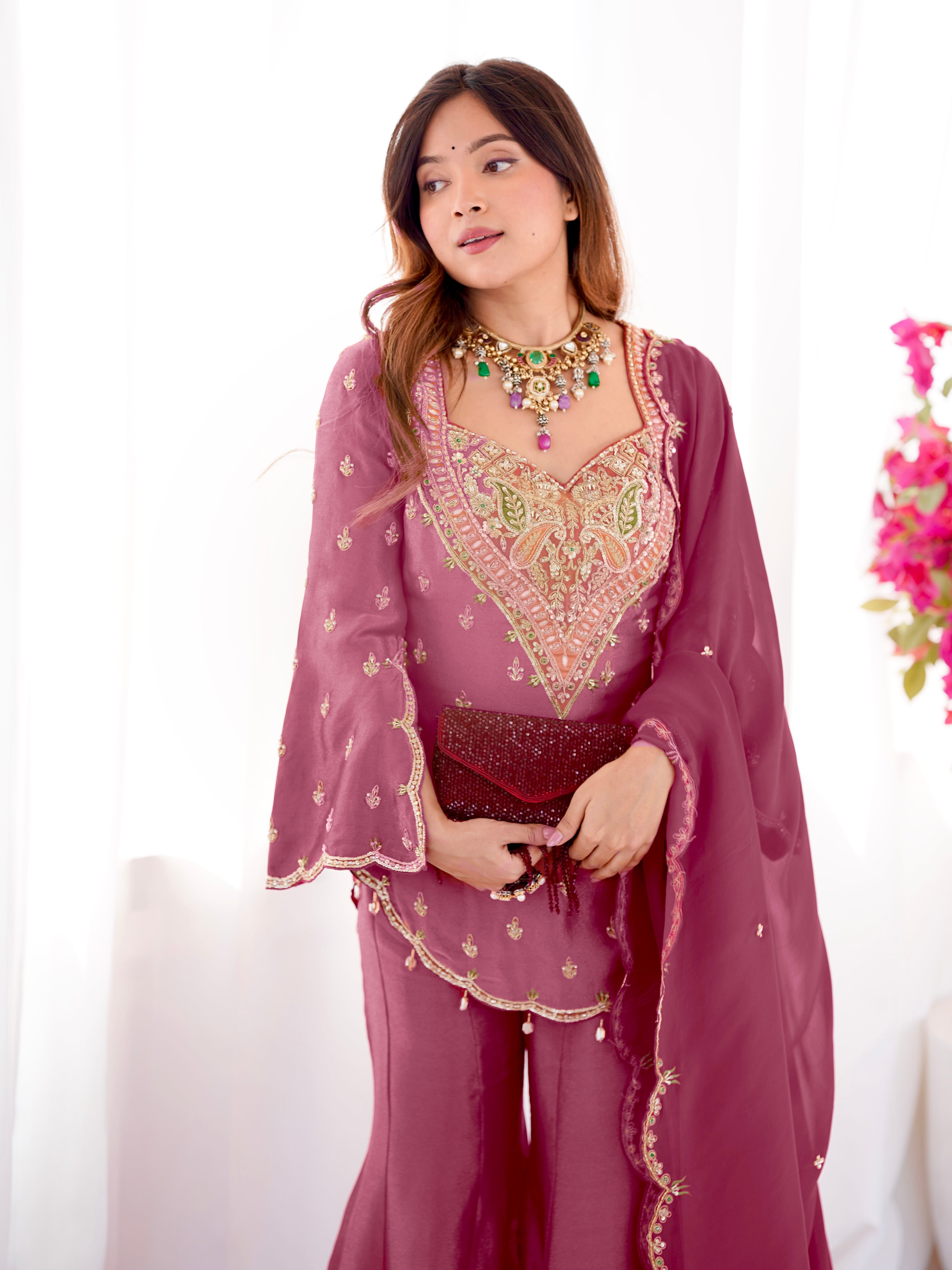 Janki – KD004 Soft Wine Pink  Kurti With Flair Pant & Dupatta
