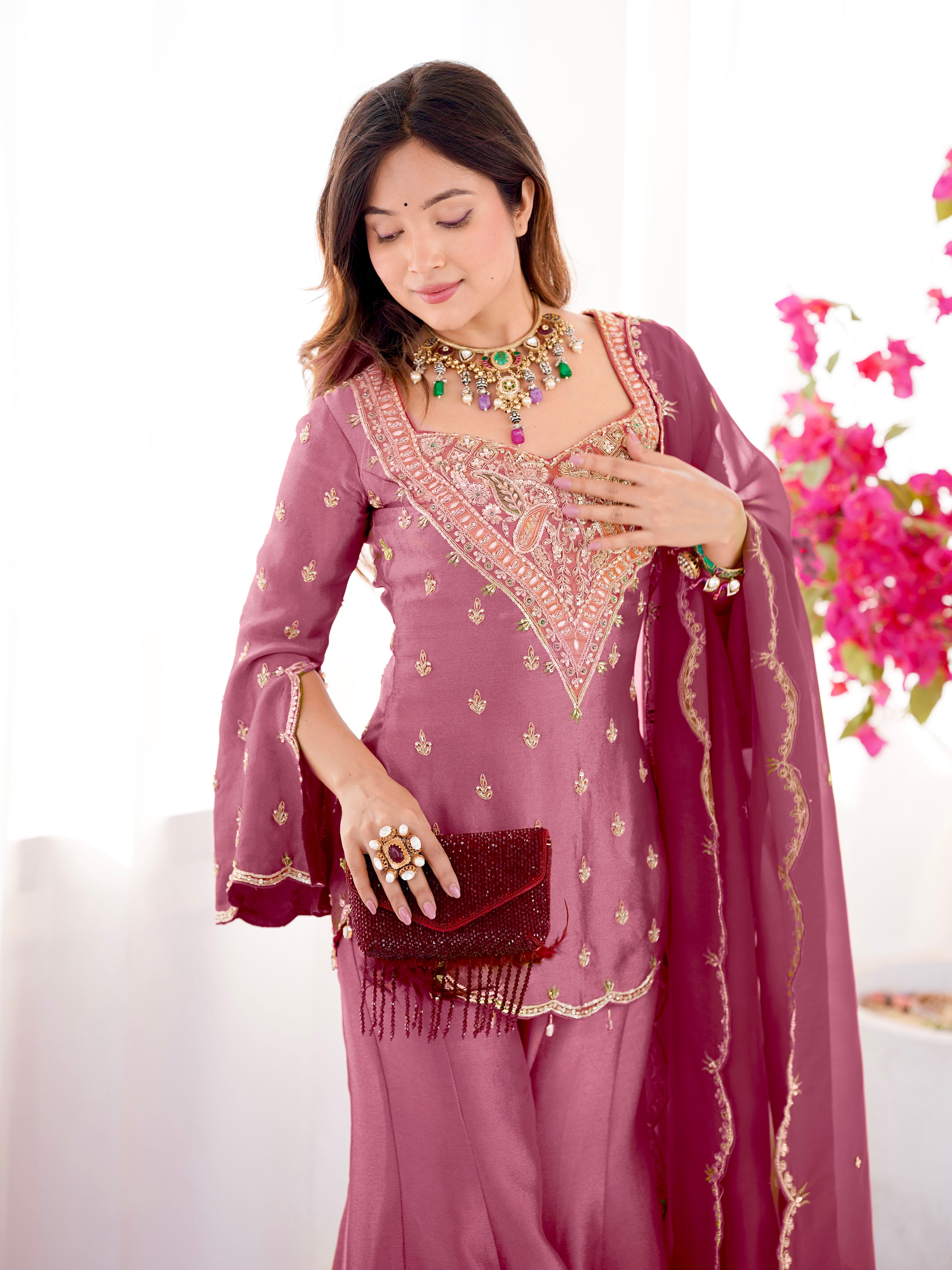 Janki – KD004 Soft Wine Pink  Kurti With Flair Pant & Dupatta