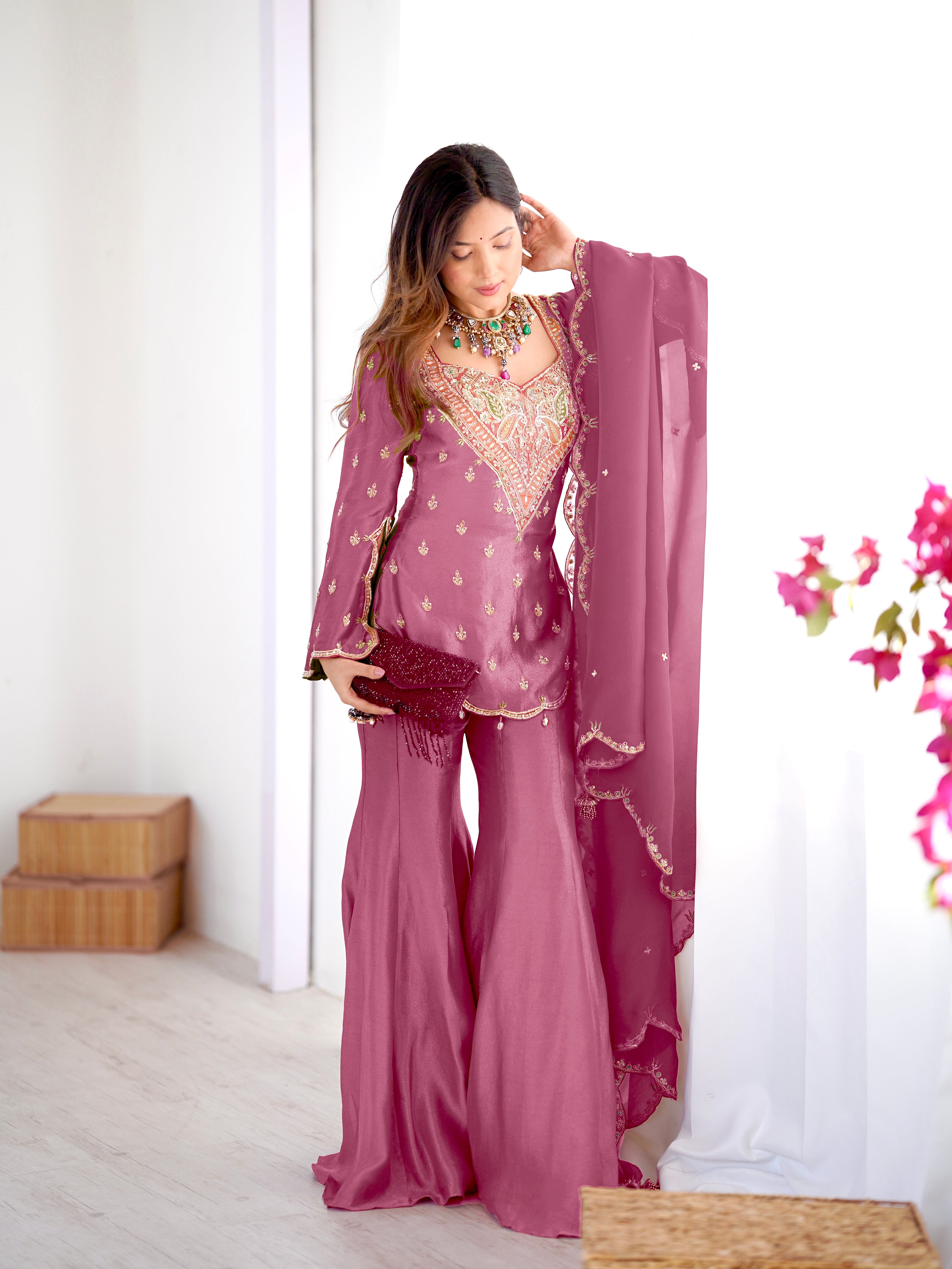 Janki – KD004 Soft Wine Pink  Kurti With Flair Pant & Dupatta