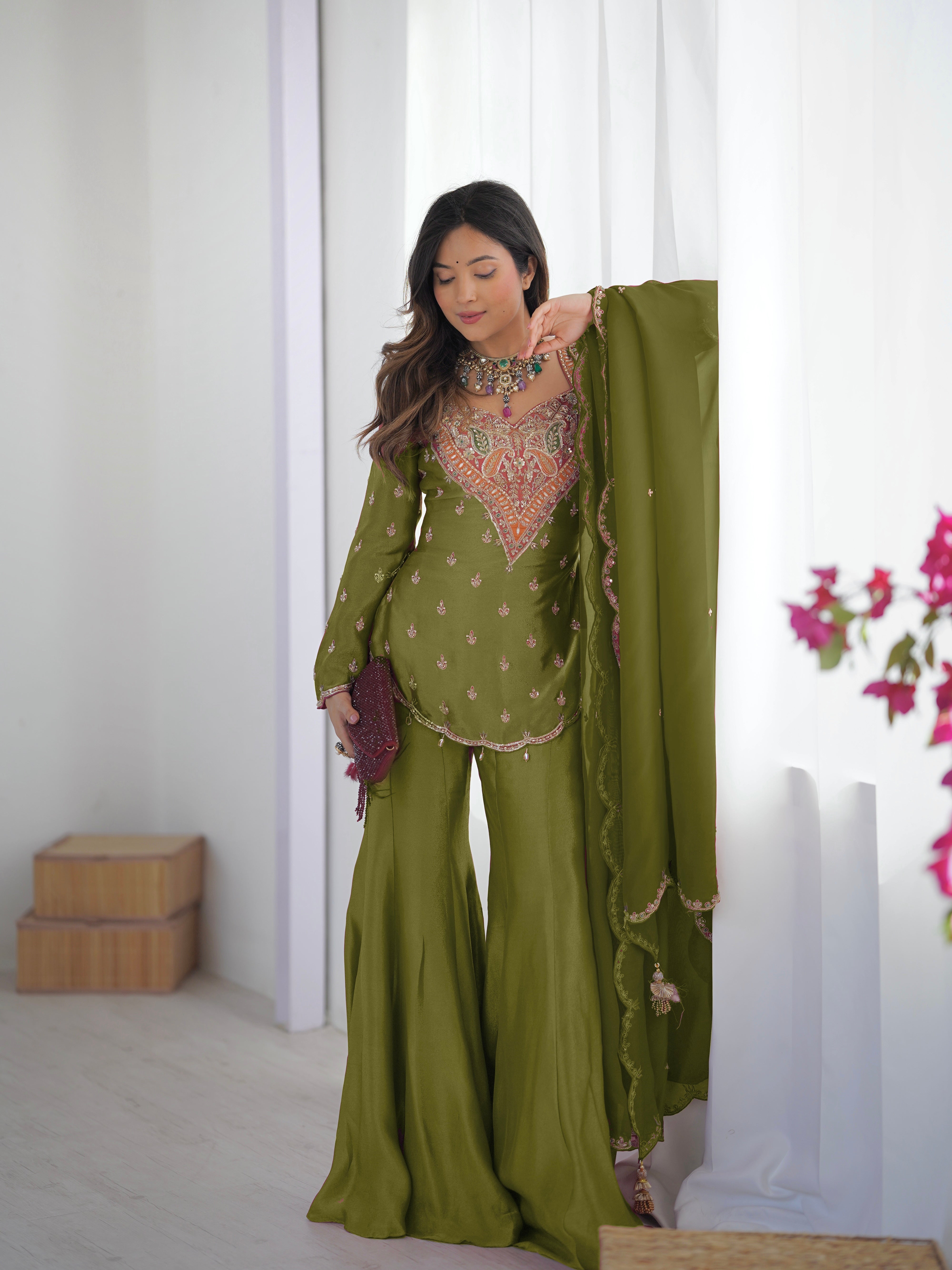 Janki – KD003 Olive Green  Kurti With Flair Pant & Dupatta