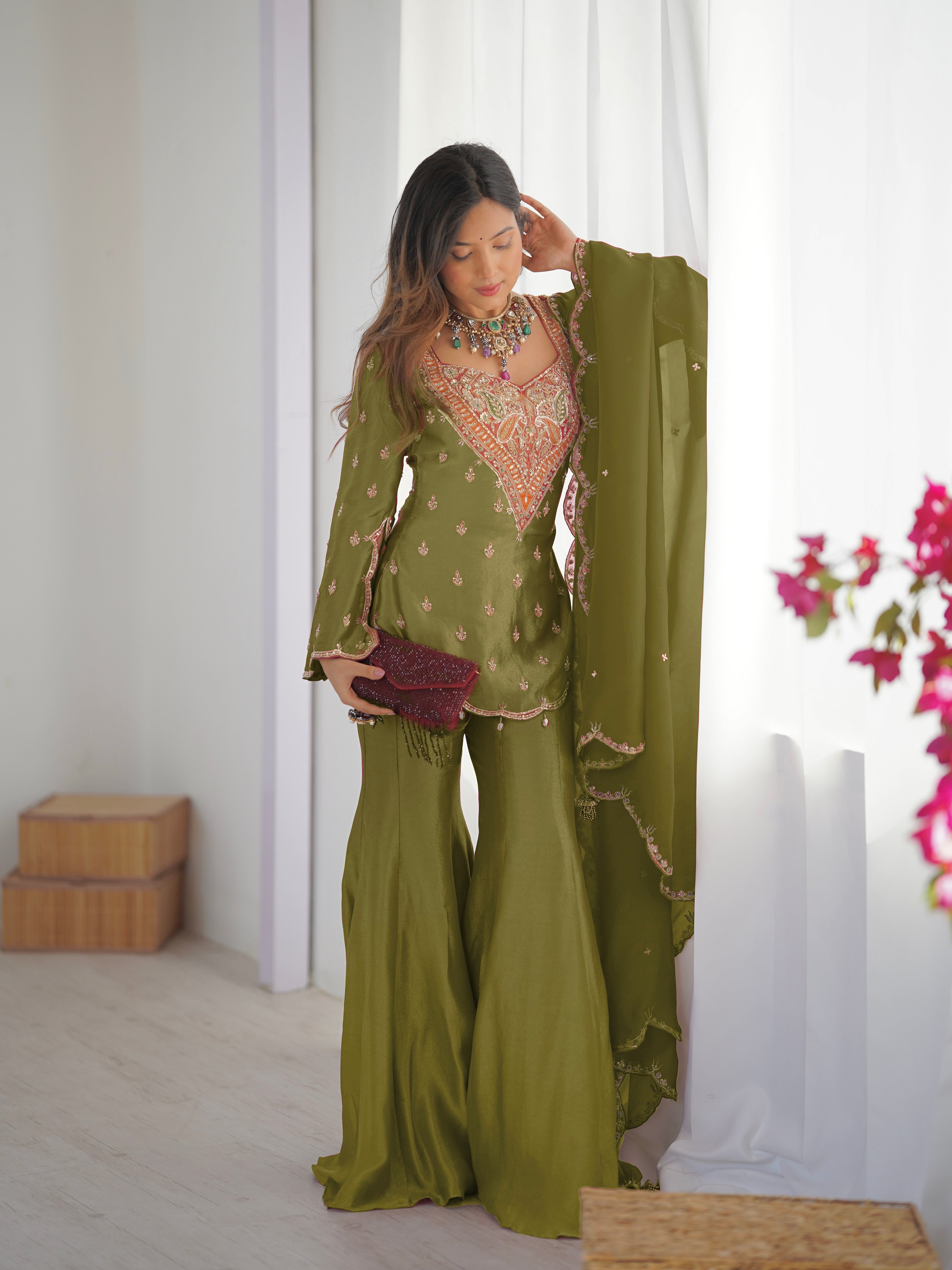 Janki – KD003 Olive Green  Kurti With Flair Pant & Dupatta