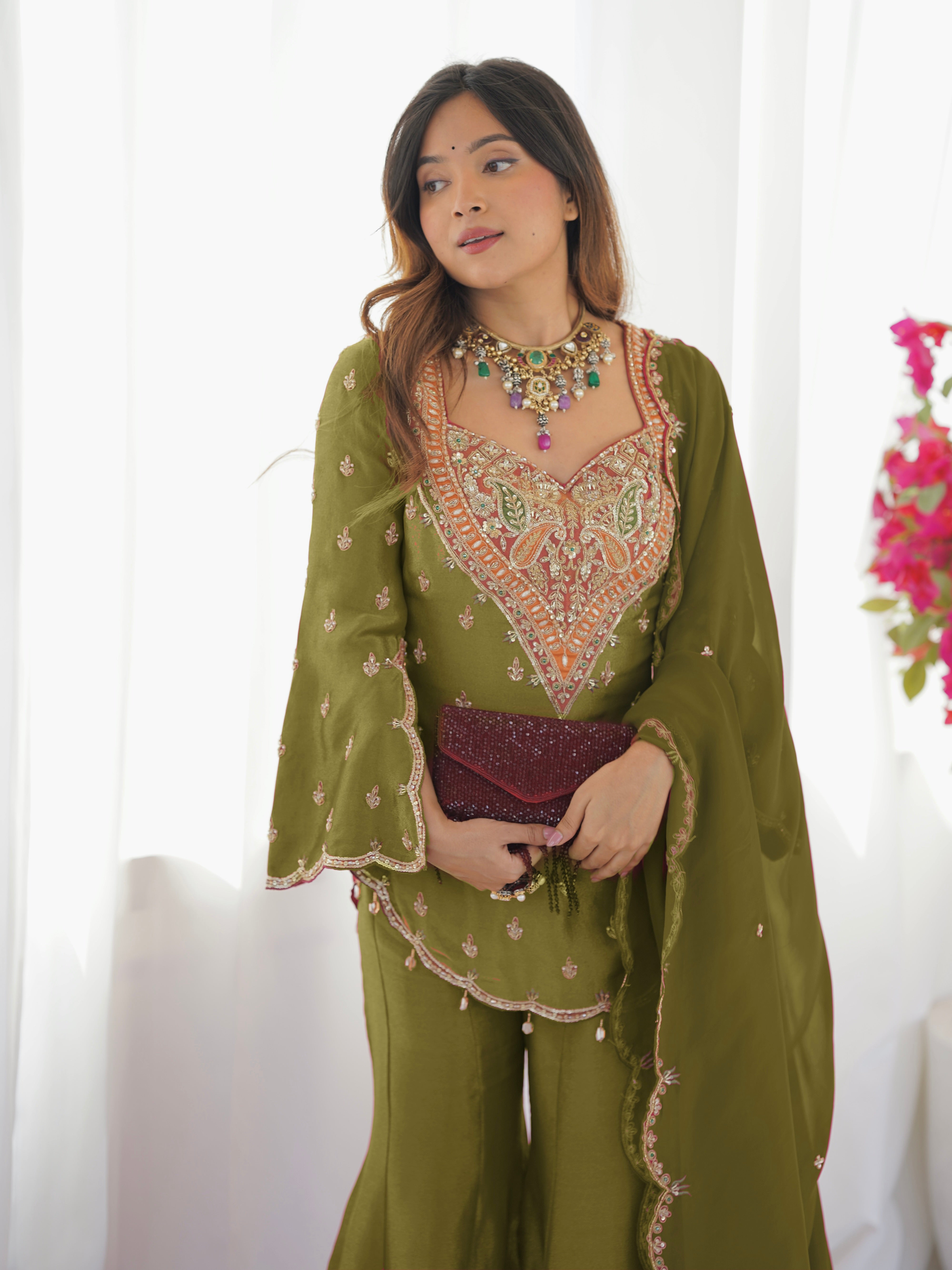 Janki – KD003 Olive Green  Kurti With Flair Pant & Dupatta