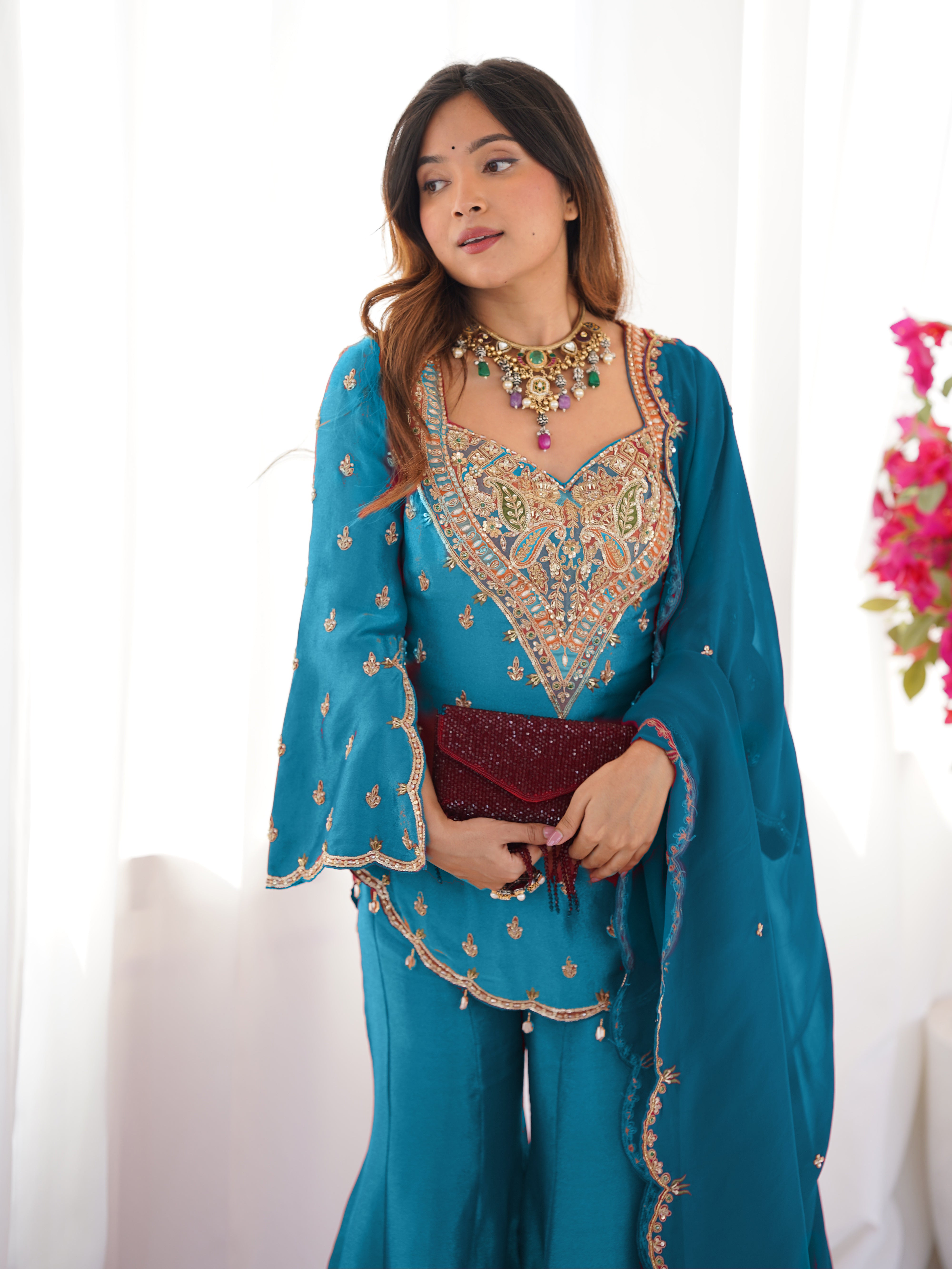 Janki – KD002 Peacock Blue  Kurti With Flair Pant & Dupatta