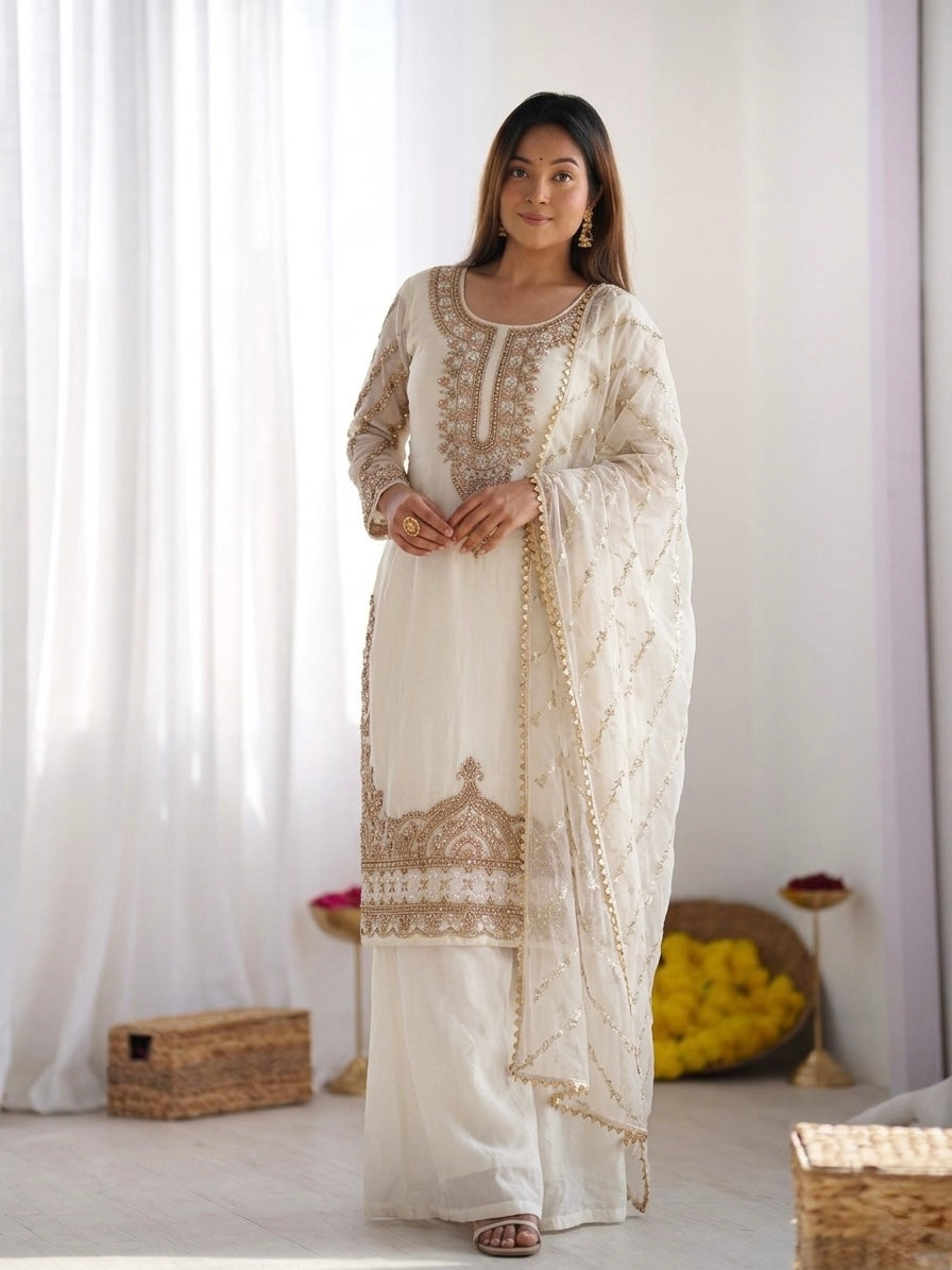 Riya - KD001 Embroidered Kurti With Palazzo & Dupatta Set