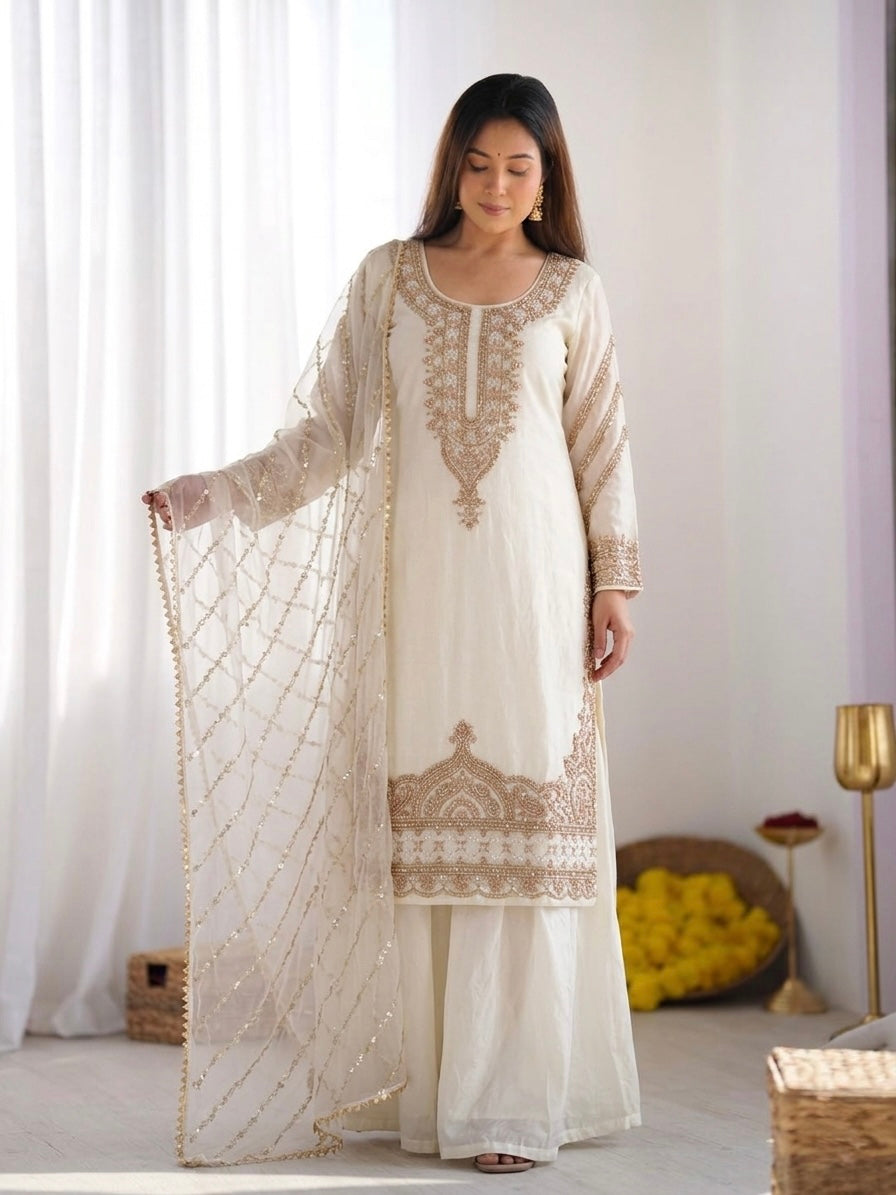 Riya - KD001 Embroidered Kurti With Palazzo & Dupatta Set