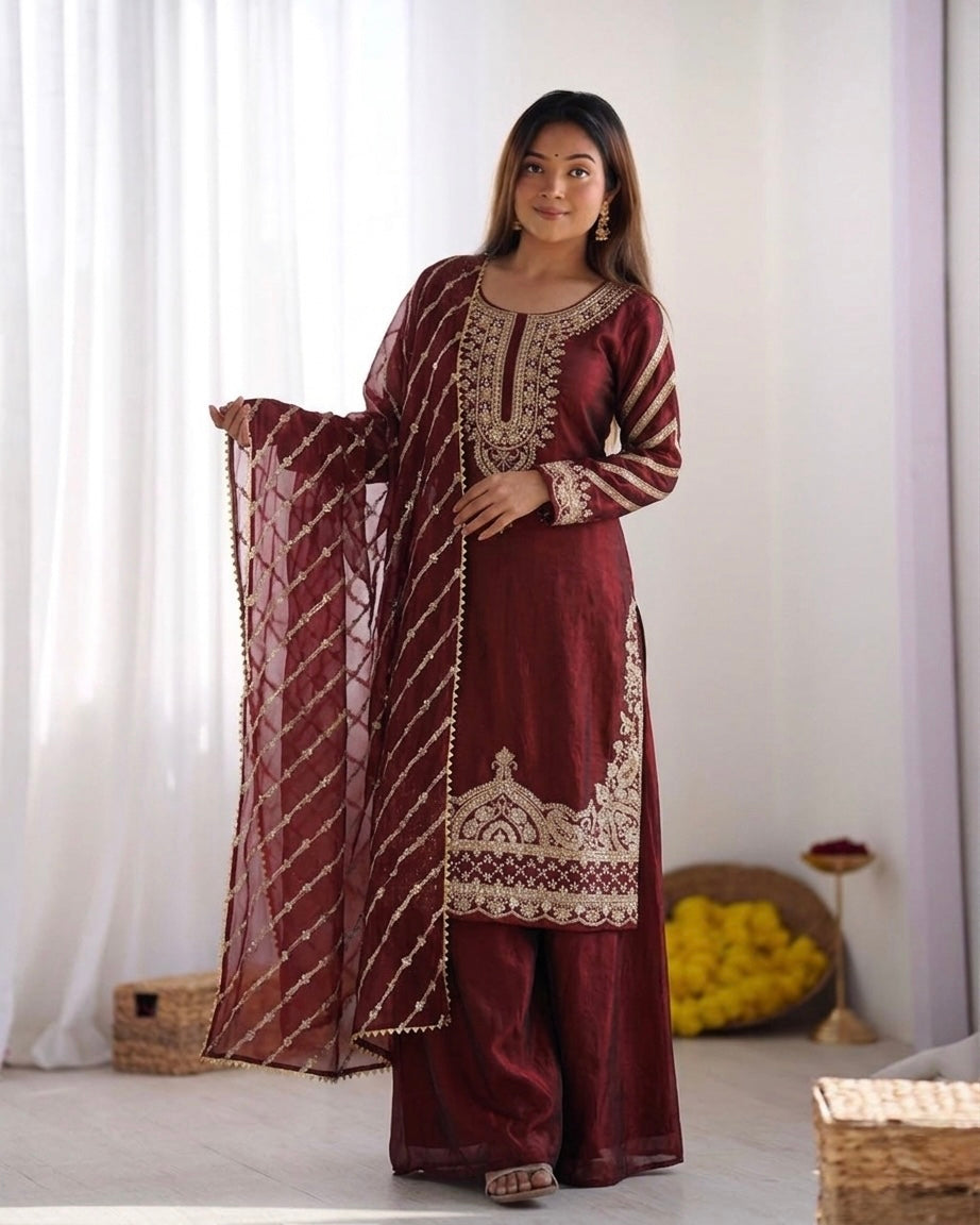 Riya - KD001 Embroidered Kurti With Palazzo & Dupatta Set