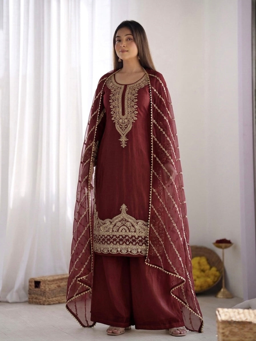 Riya - KD001 Embroidered Kurti With Palazzo & Dupatta Set