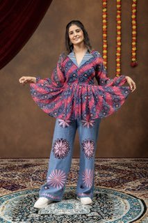 Boho Printed Peplum Top & Embroidered Denim Co-Ord Set