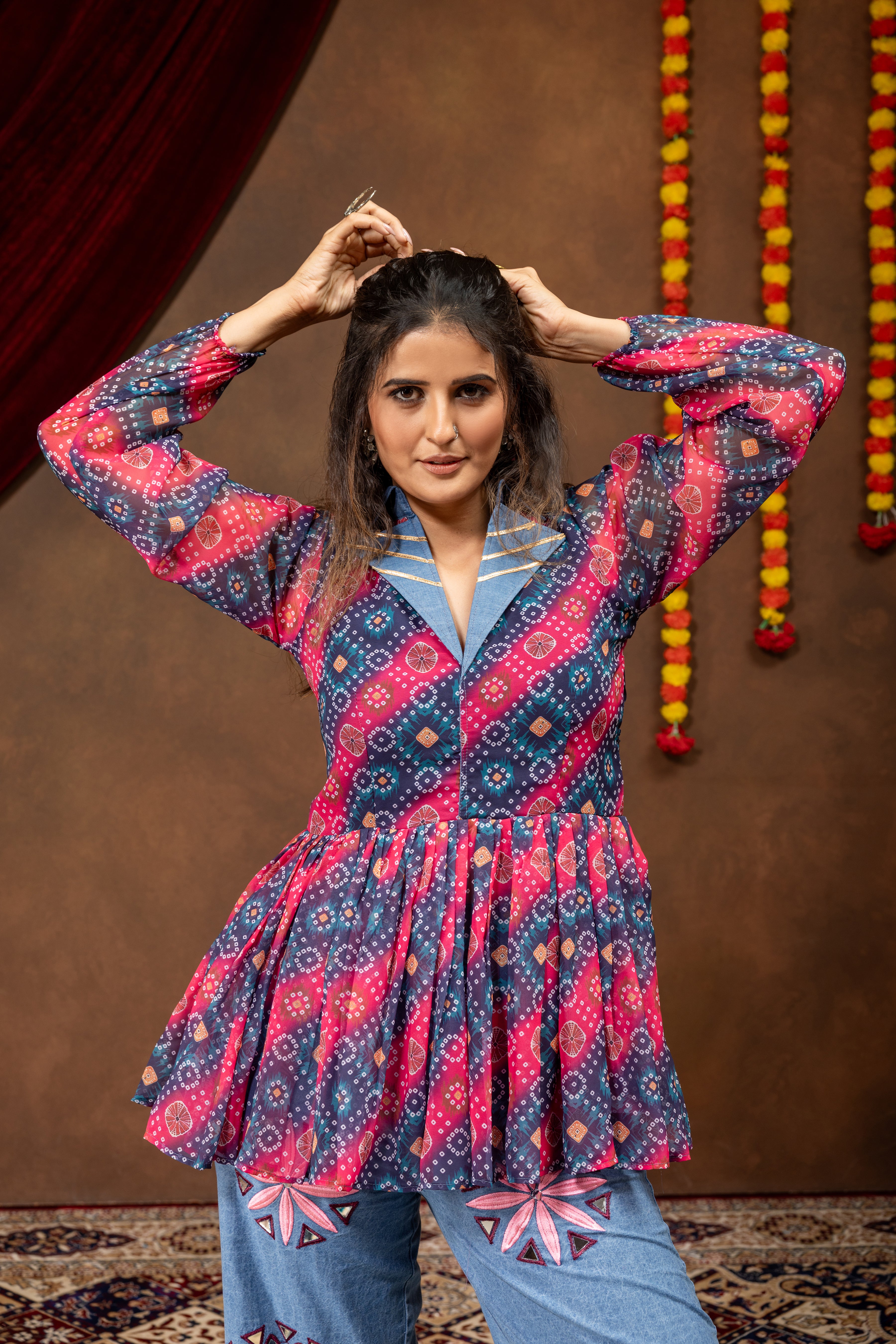Boho Printed Peplum Top & Embroidered Denim Co-Ord Set