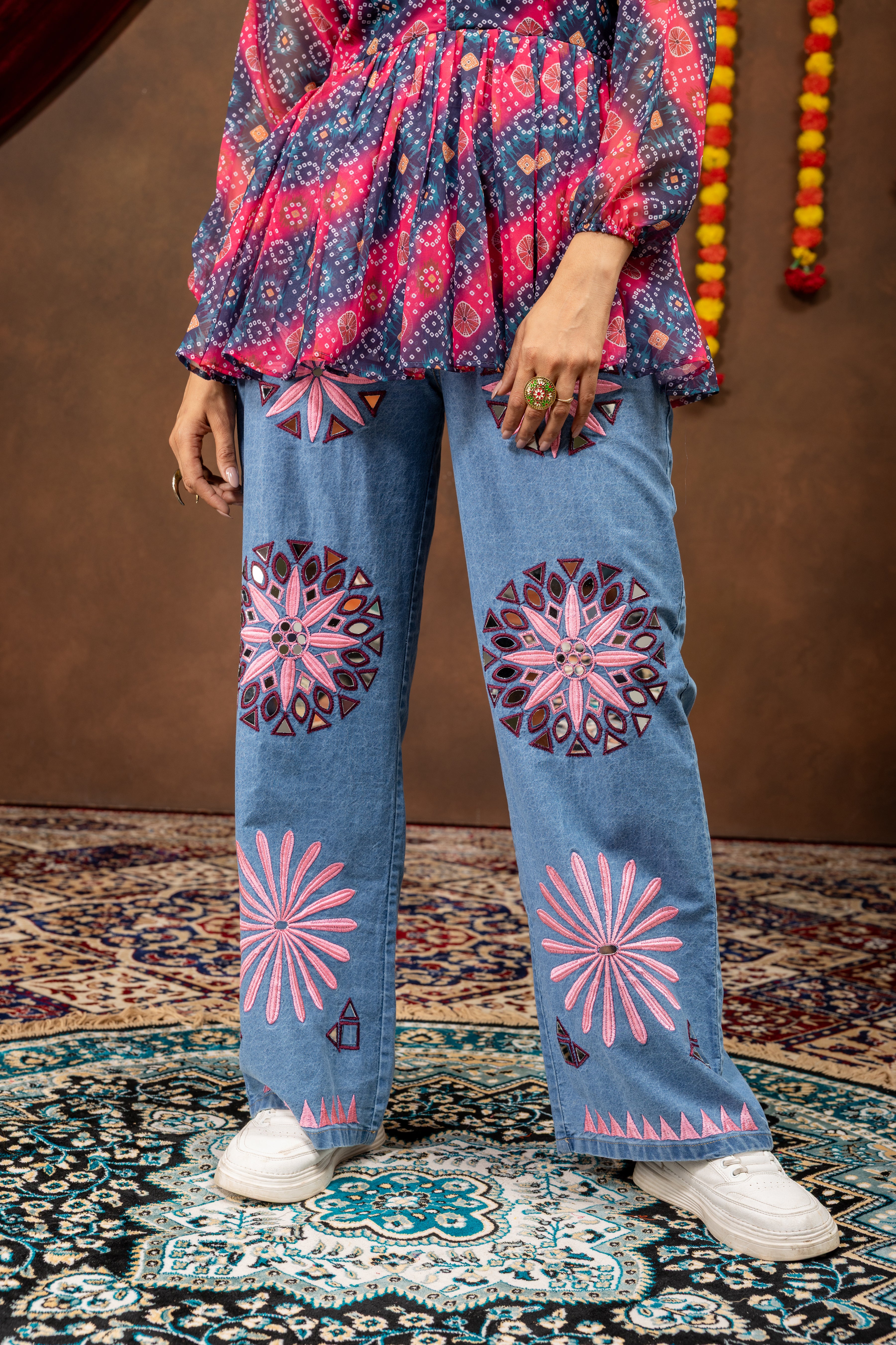 Boho Printed Peplum Top & Embroidered Denim Co-Ord Set