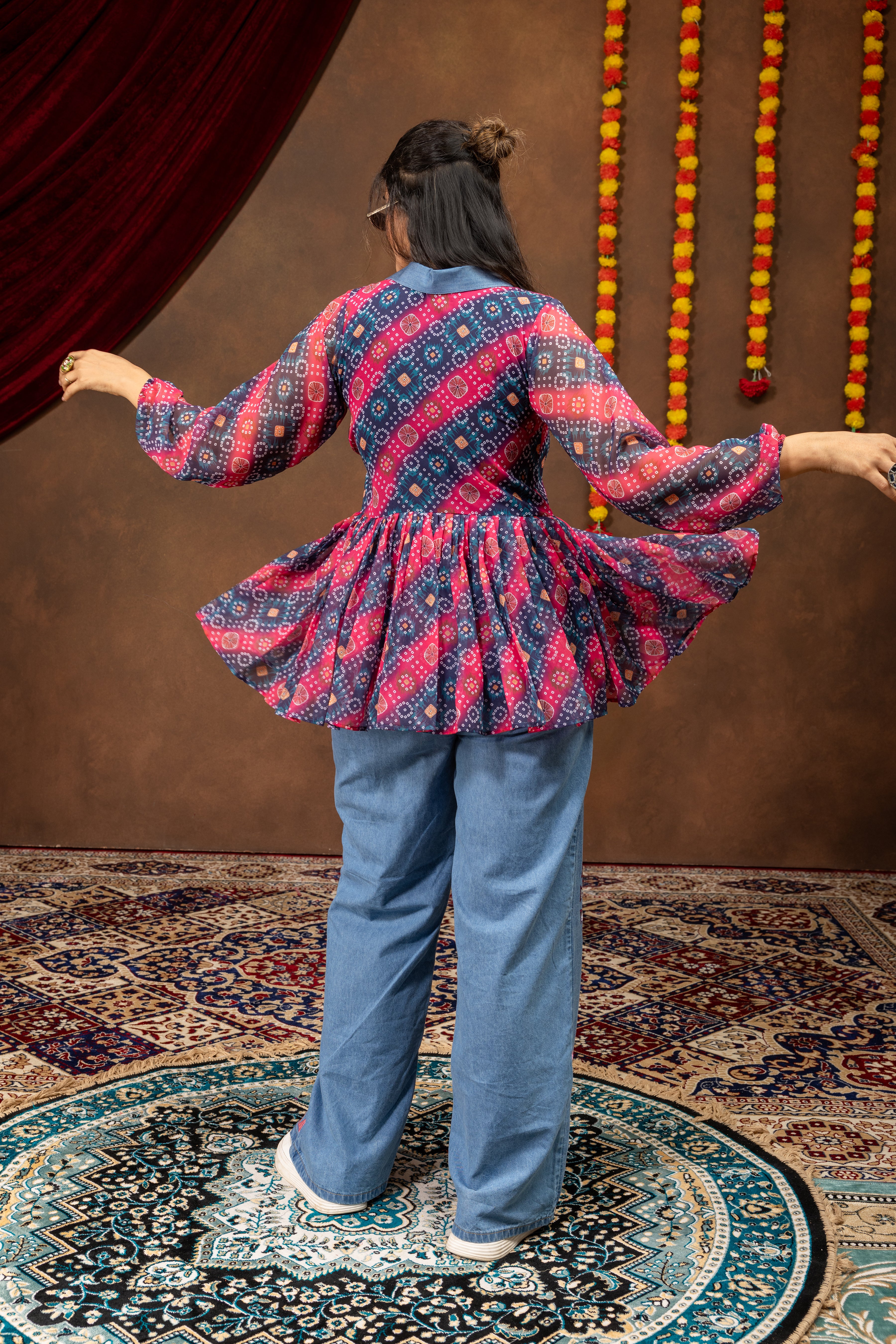 Boho Printed Peplum Top & Embroidered Denim Co-Ord Set