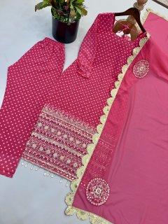 Women’s Wine Pink Printed Straight Kurta Pant Set with Designer Dupatta