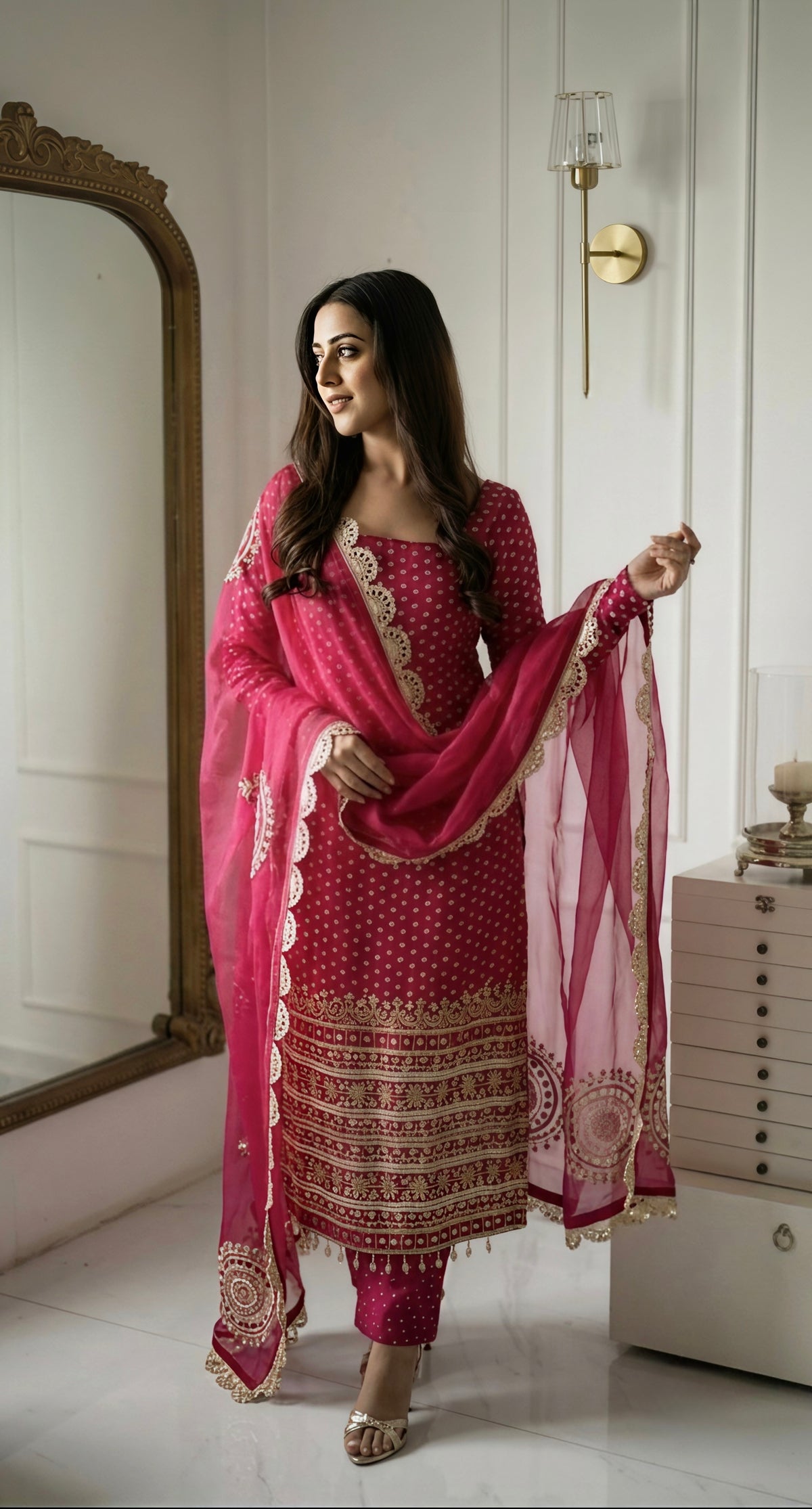 Women’s Wine Pink Printed Straight Kurta Pant Set with Designer Dupatta