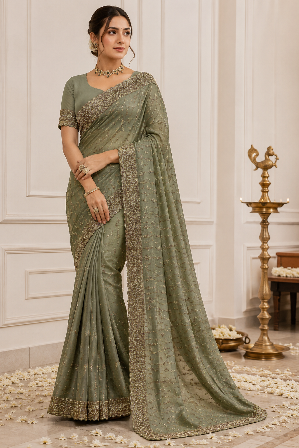 Green Designer Saree with Premium Embroidered Border