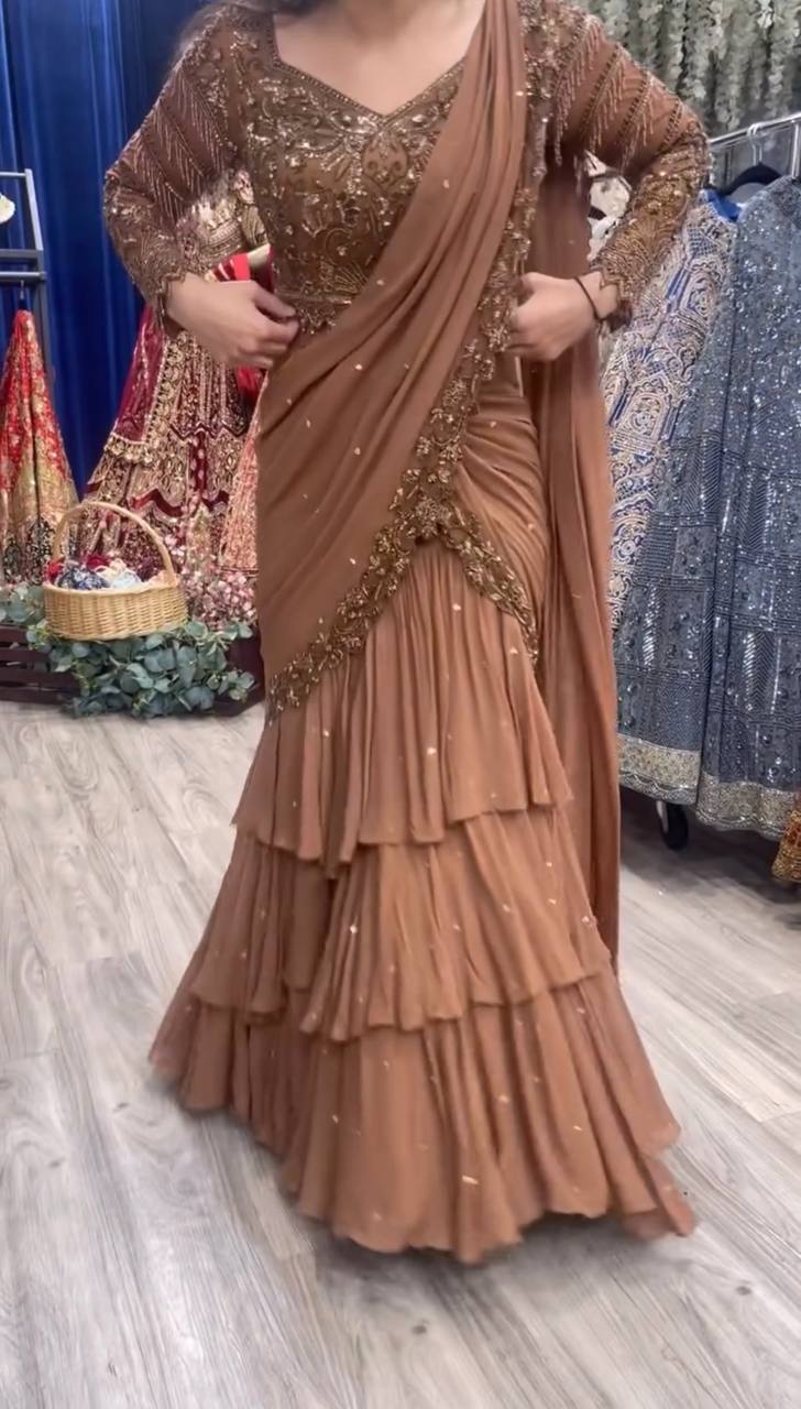 Mocha Glamour Designer Ruffle Ready to Wear Saree Gown
