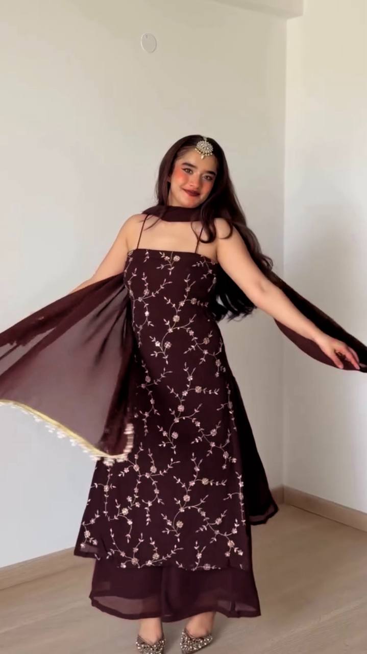 Wine Floral Embroidered Anarkali Dress with Dupatta for Women