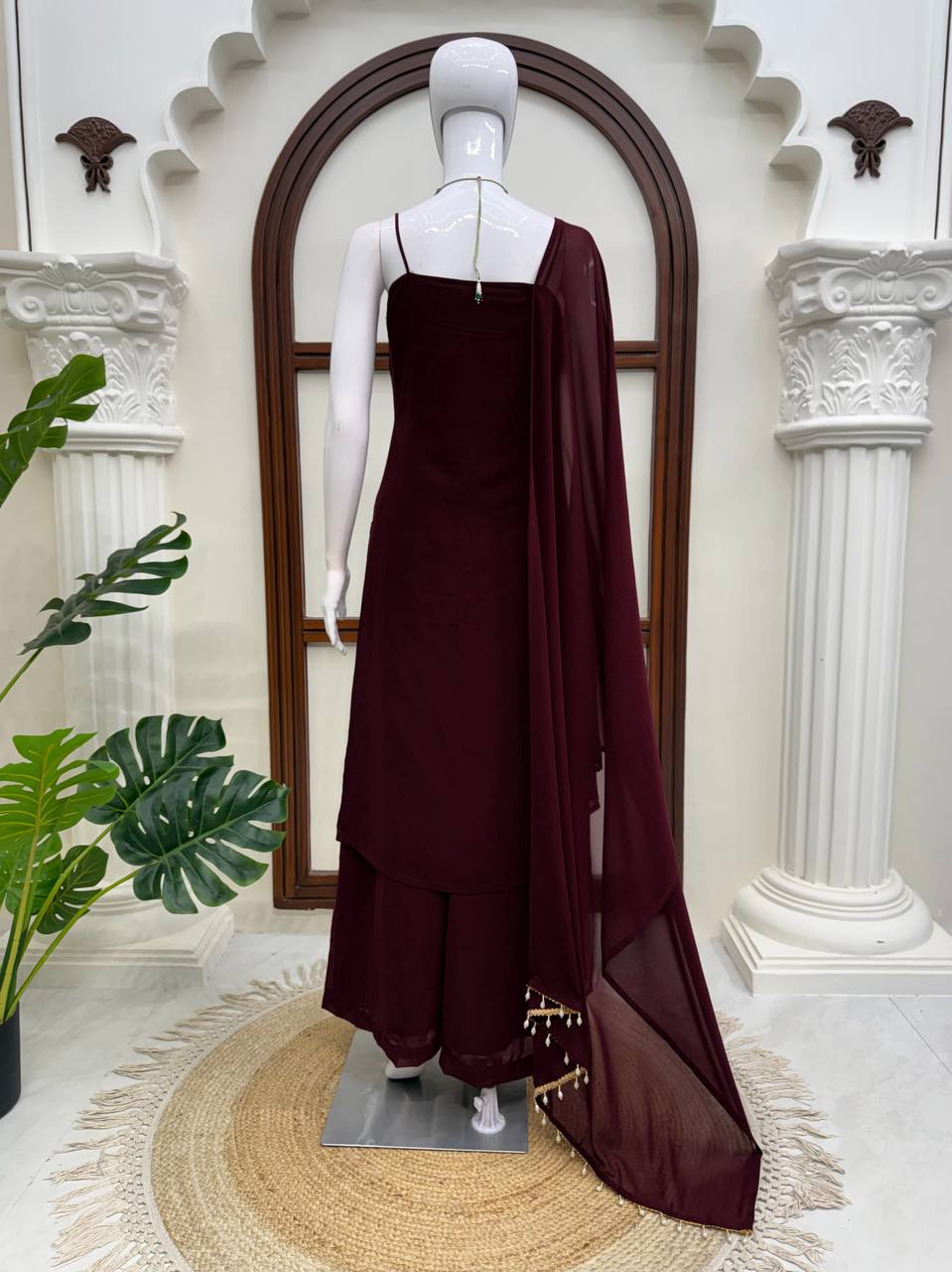 Wine Floral Embroidered Anarkali Dress with Dupatta for Women