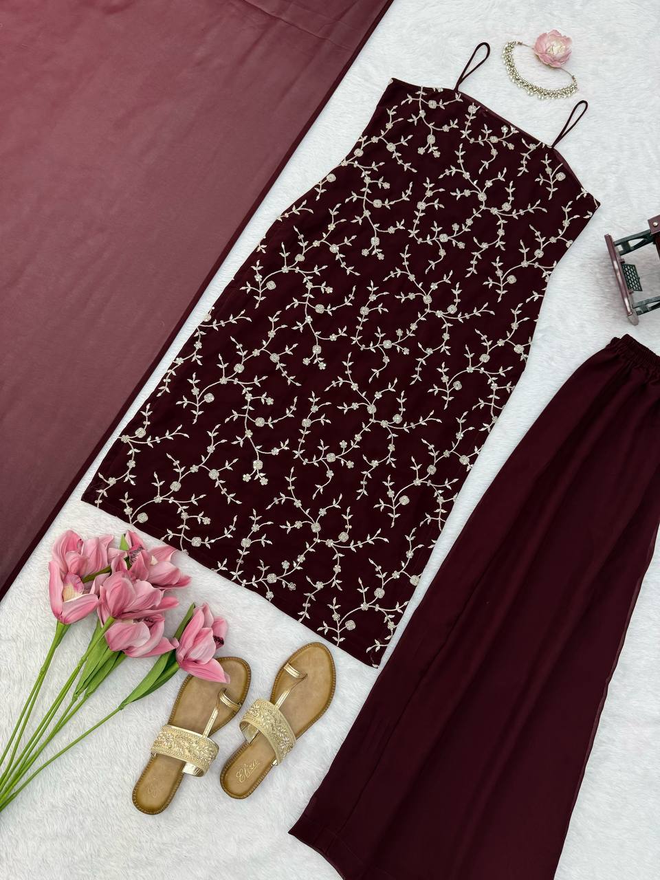 Wine Floral Embroidered Anarkali Dress with Dupatta for Women