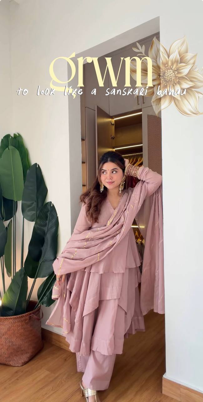 Dusty Pink Layered Sharara Suit Set with Dupatta for Women