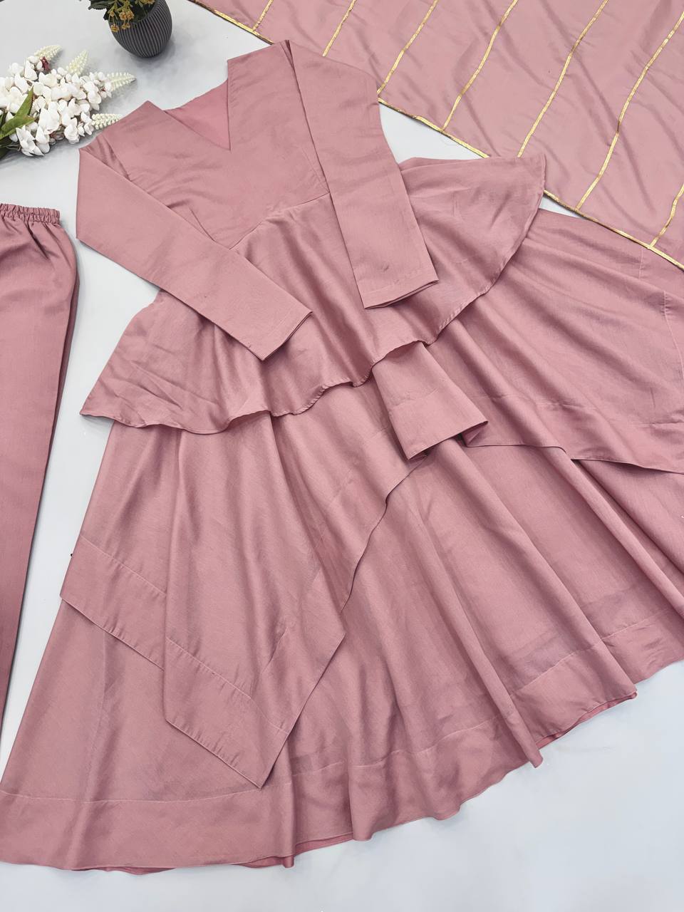 Dusty Pink Layered Sharara Suit Set with Dupatta for Women