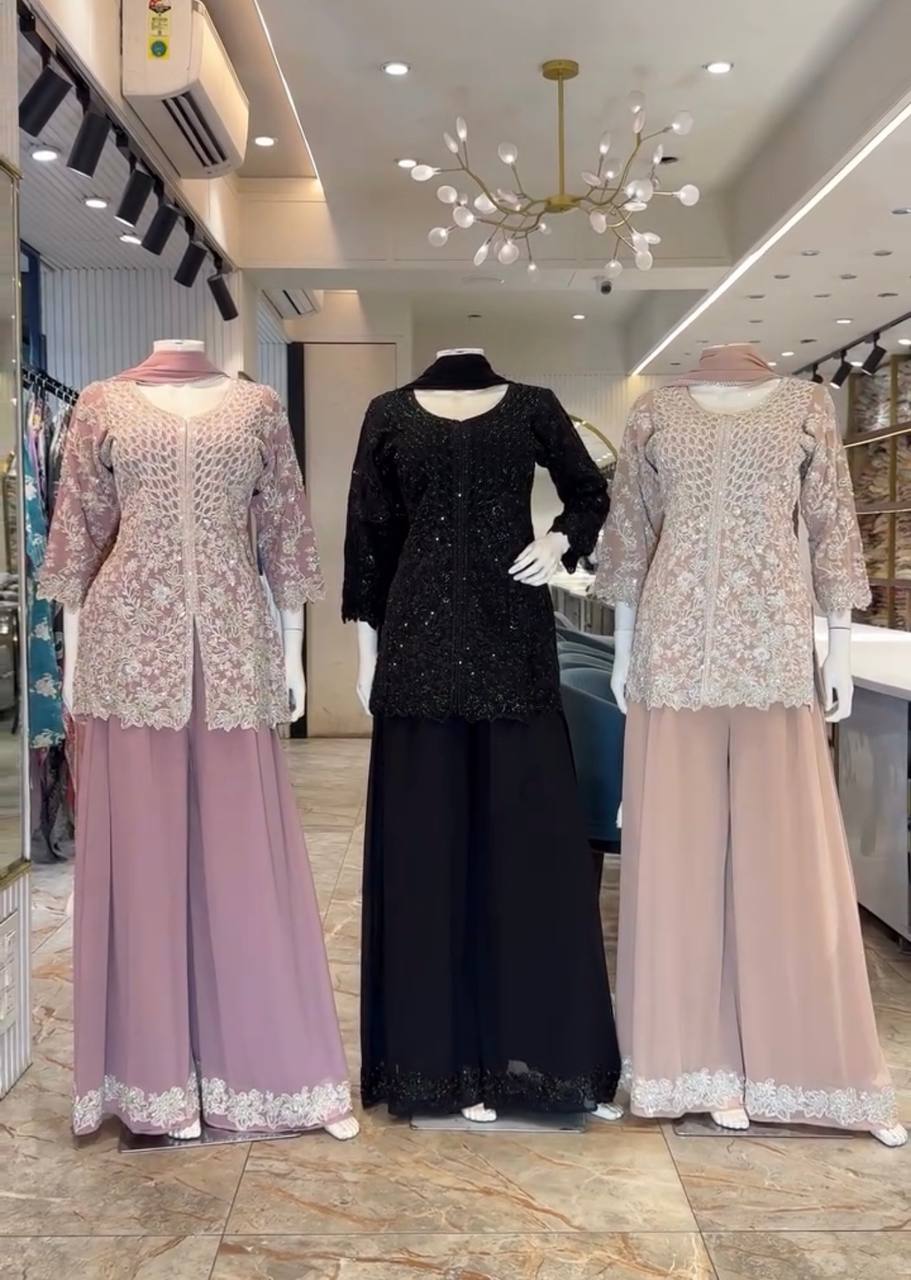 Women Pink Embroidered Kurta Sharara with Dupatta Set