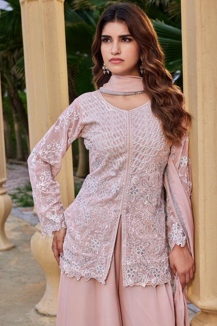 Women Pink Embroidered Kurta Sharara with Dupatta Set