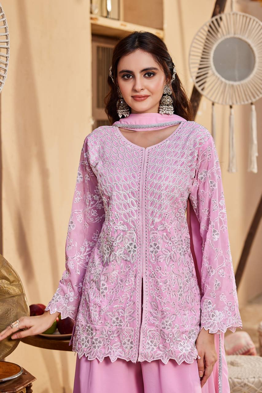 Women Pink Embroidered Kurta Sharara with Dupatta Set