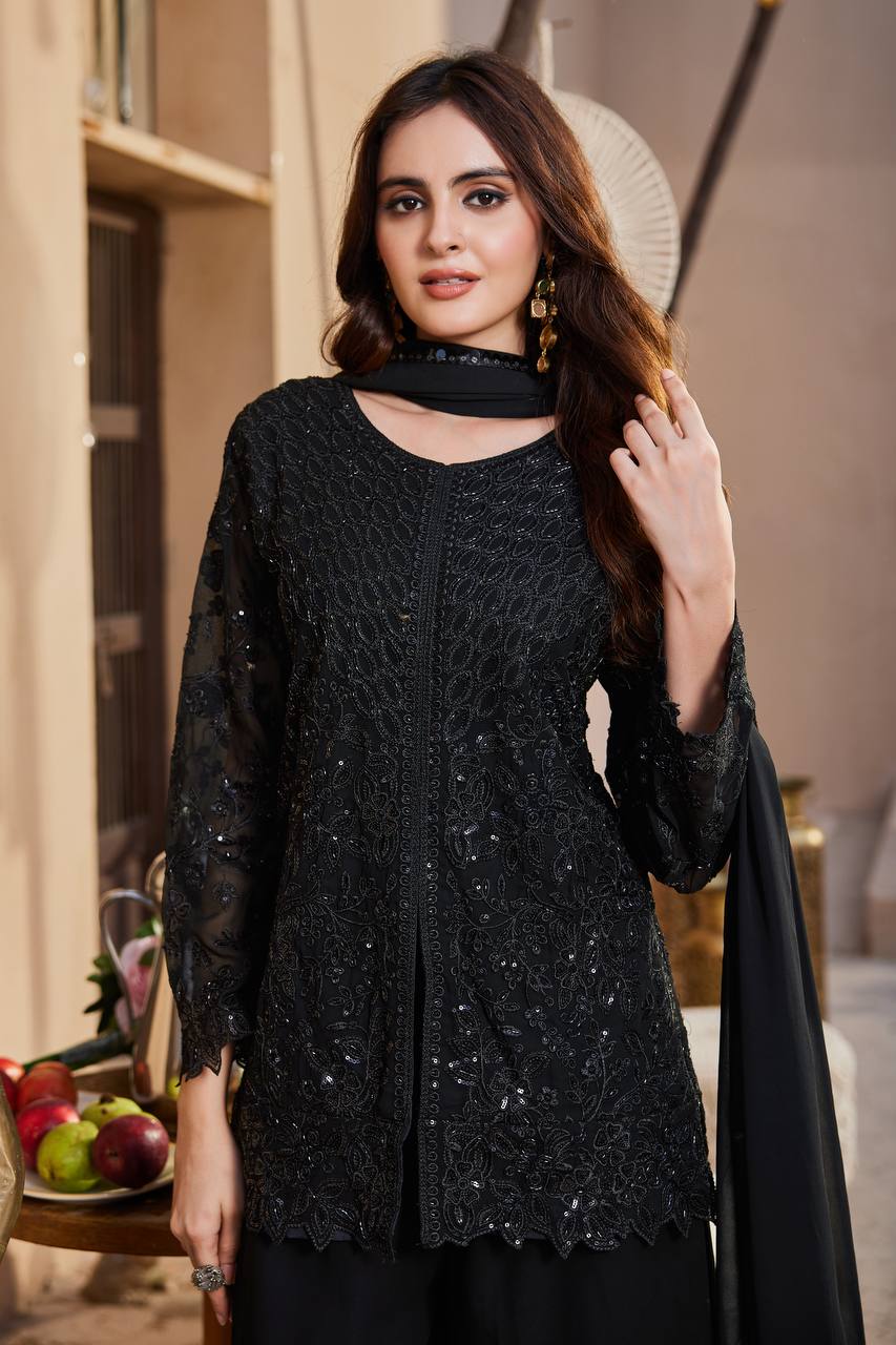 Women Pink Embroidered Kurta Sharara with Dupatta Set