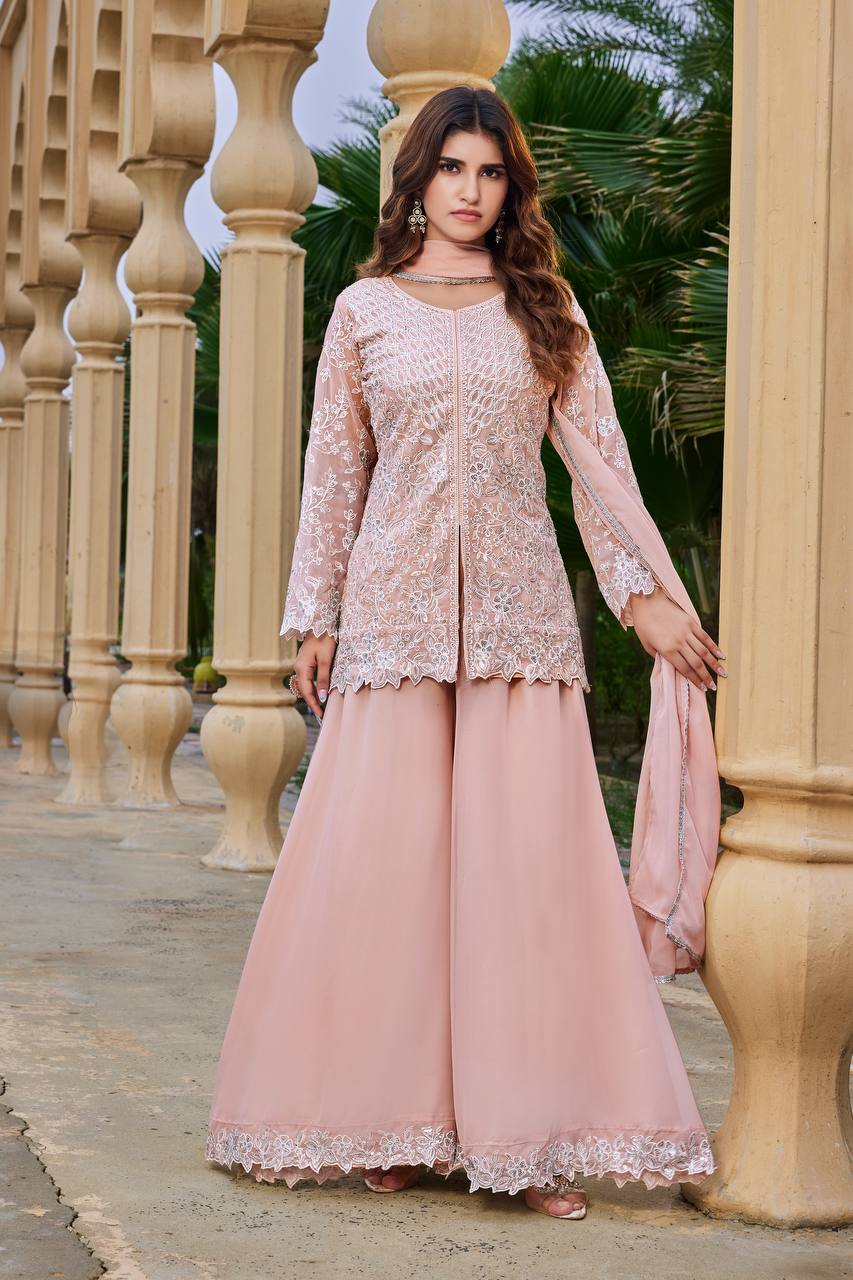 Women Pink Embroidered Kurta Sharara with Dupatta Set