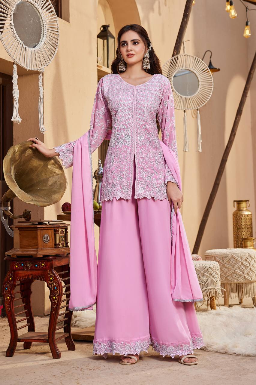 Women Pink Embroidered Kurta Sharara with Dupatta Set