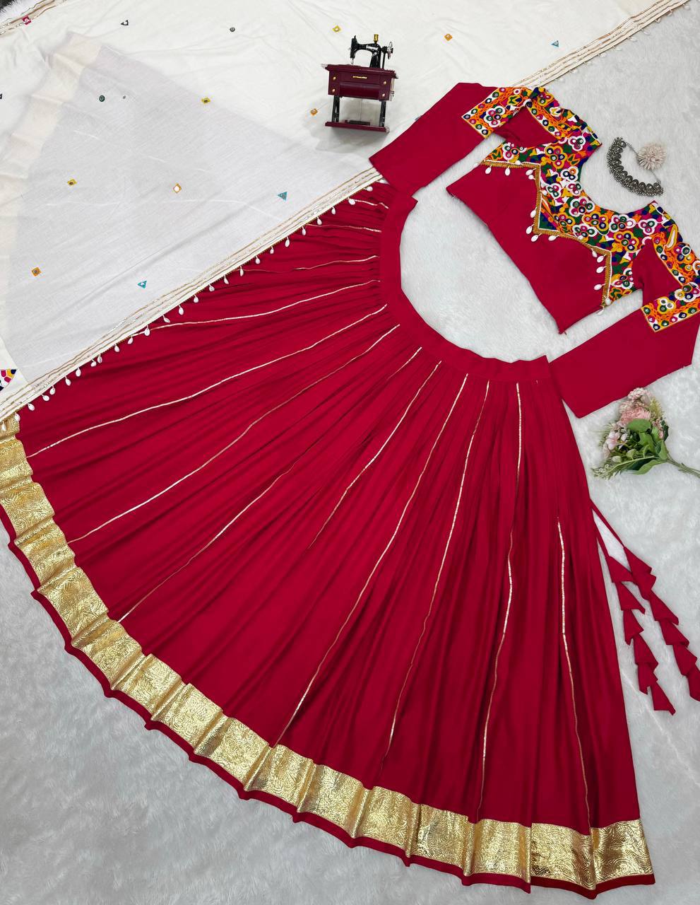 Royal Crimson Embroidered Lehenga Choli with Printed Dupatta