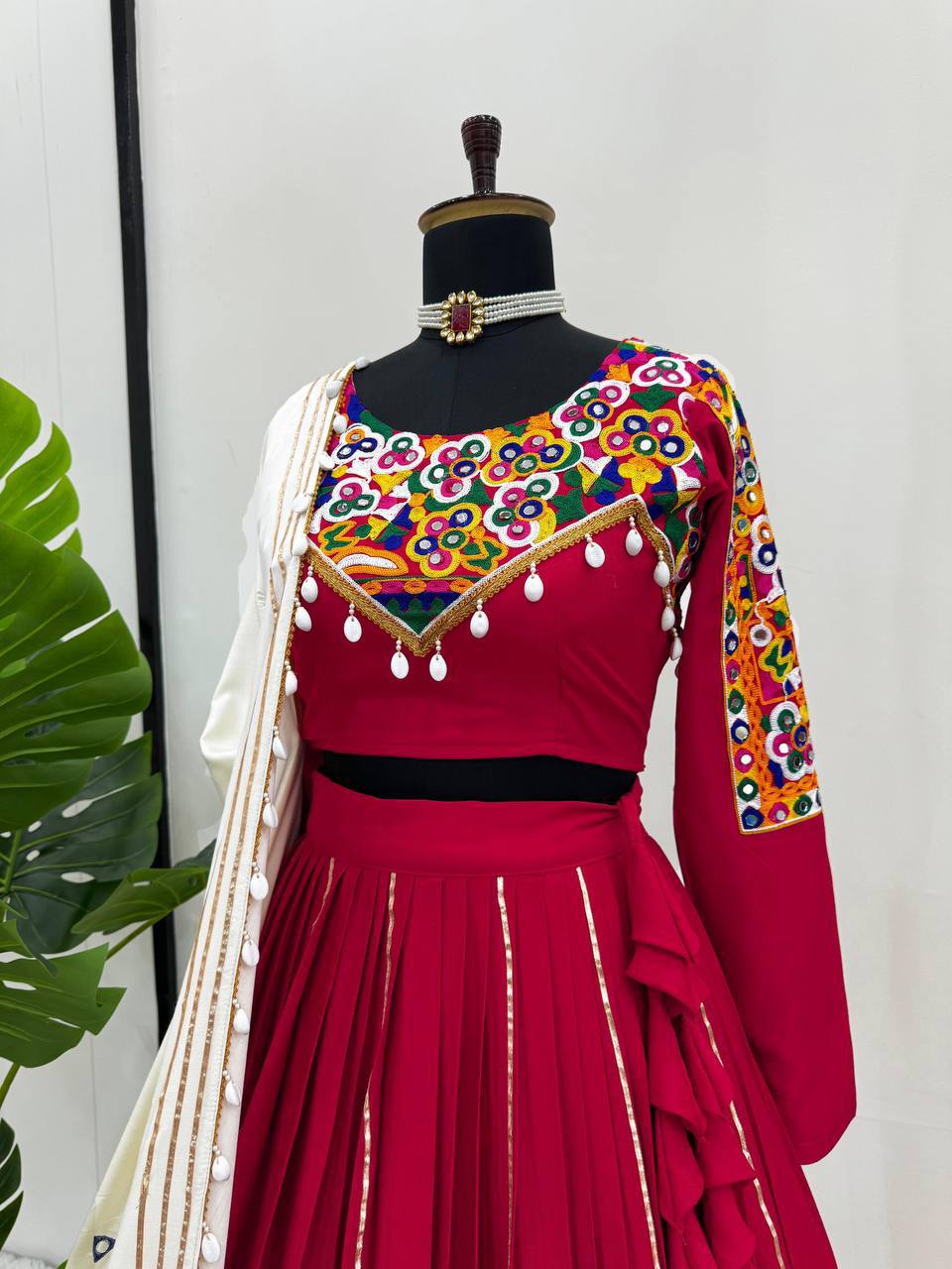 Royal Crimson Embroidered Lehenga Choli with Printed Dupatta